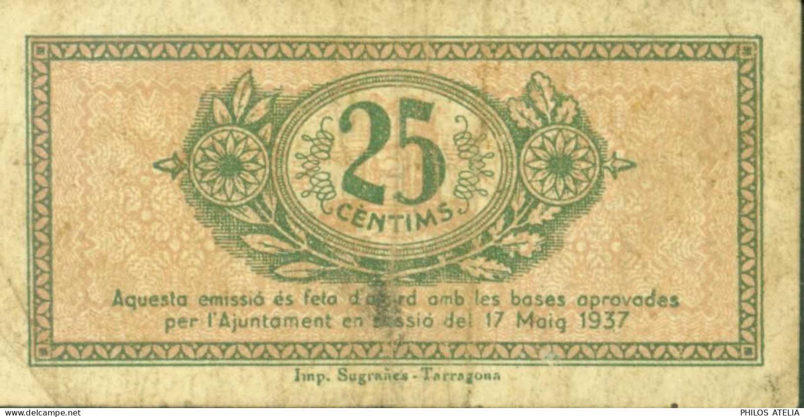 Guerre D'Espagne Billet De Nécessité Ajuntament De Tarragona 25 Centims 1937 - Otros & Sin Clasificación