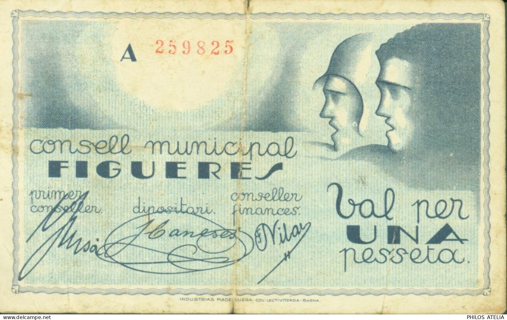 Guerre D'Espagne Billet De Nécessité Consell Municipal Figueres Val Per Una Pesseta 1937 - 1-2 Pesetas