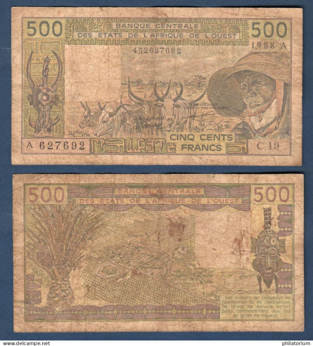 500 Francs CFA, 1988 A, Cote D' Ivoire, C.19, A 627692, Oberthur, P#_06, Banque Centrale États De L'Afrique De L'Ouest - West African States
