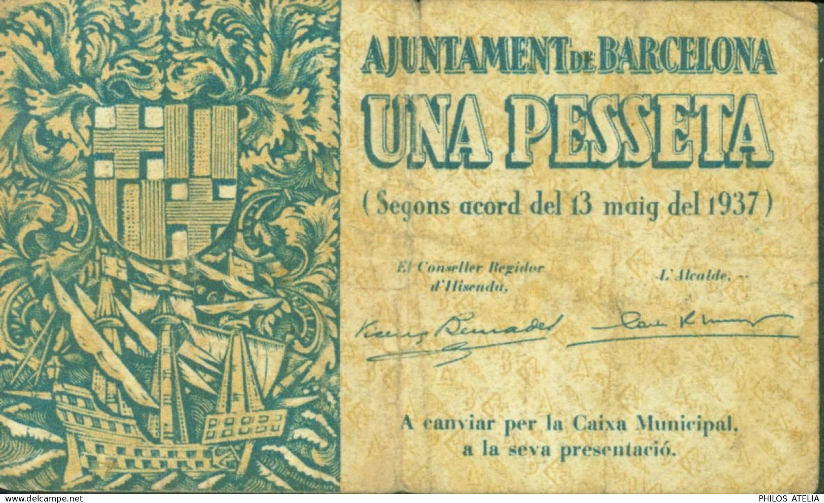 Guerre D'Espagne Billet De Nécessité Ajuntament De Barcelona Una Pesseta 1937 - 1-2 Pesetas