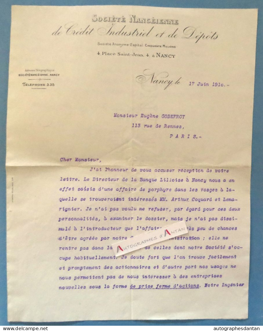 ● Jean BUFFET Lettre 1910 Société Nancéienne De Crédit Industriel - NANCY - Banque Lilloise - Coquard Lemarignier - Bank & Versicherung