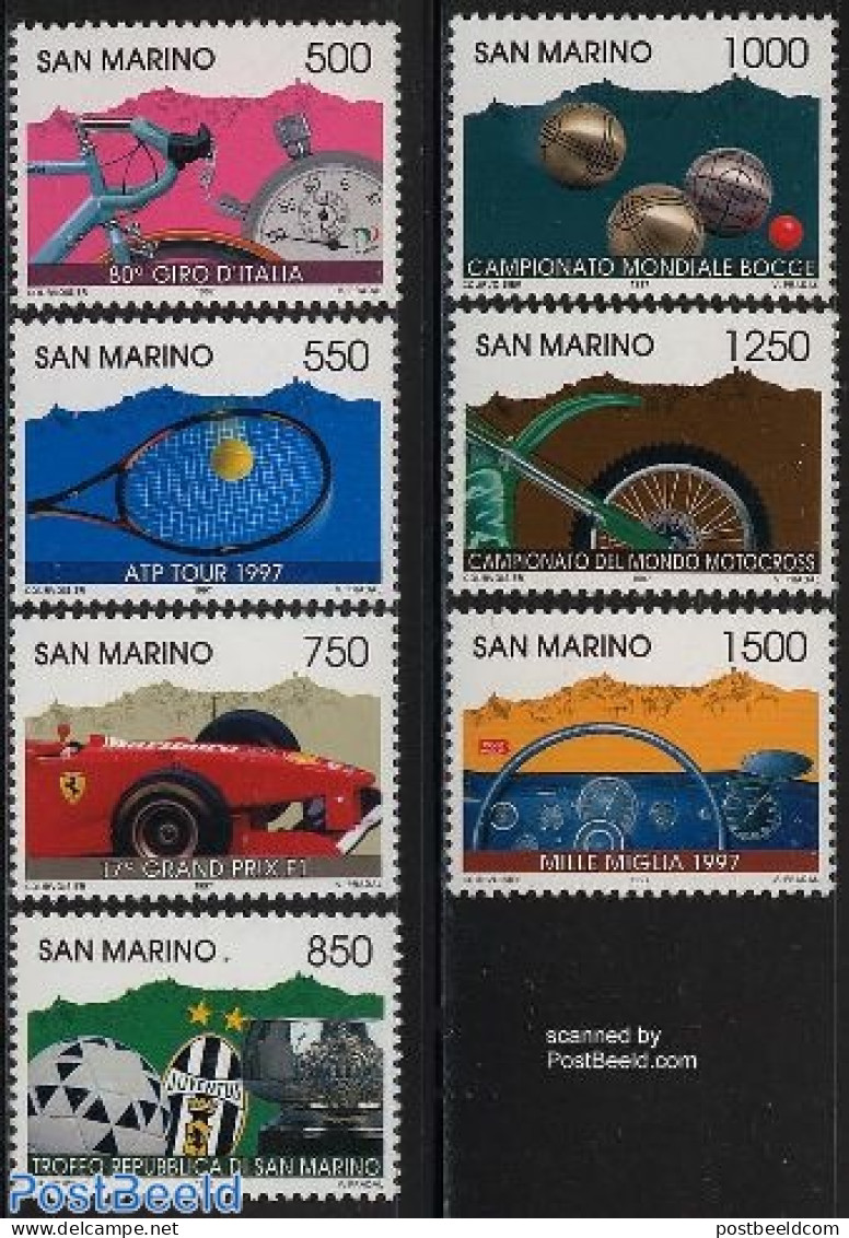 San Marino 1997 Sports 7v, Mint NH, Sport - Transport - Autosports - Cycling - Football - Sport (other And Mixed) - Te.. - Unused Stamps