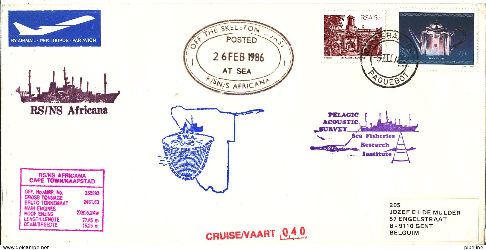 South Africa Paquebot Cover Cape Town Posted At Sea 26-2-1986 RS/NS Africana 40 Voyage With A Lot Of Postmarks - Covers & Documents