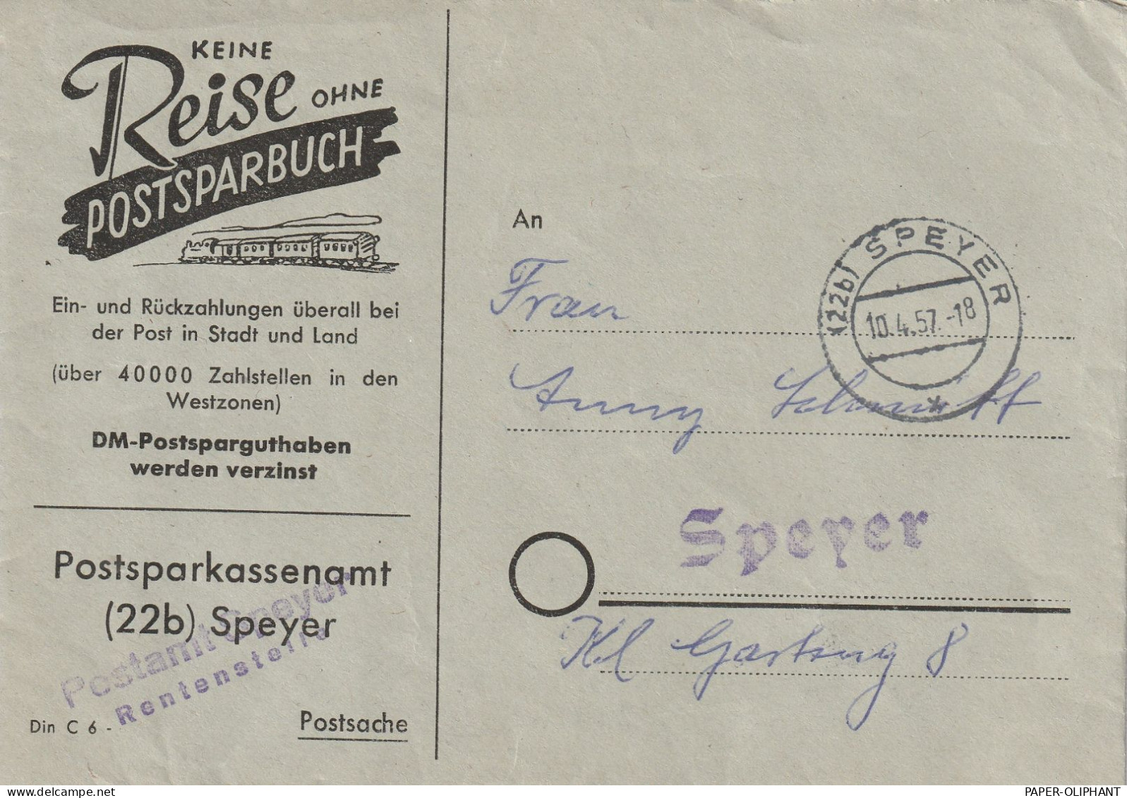 POST - Werbebriefumschlag Postsparbuch 1957, Speyer - Post & Briefboten