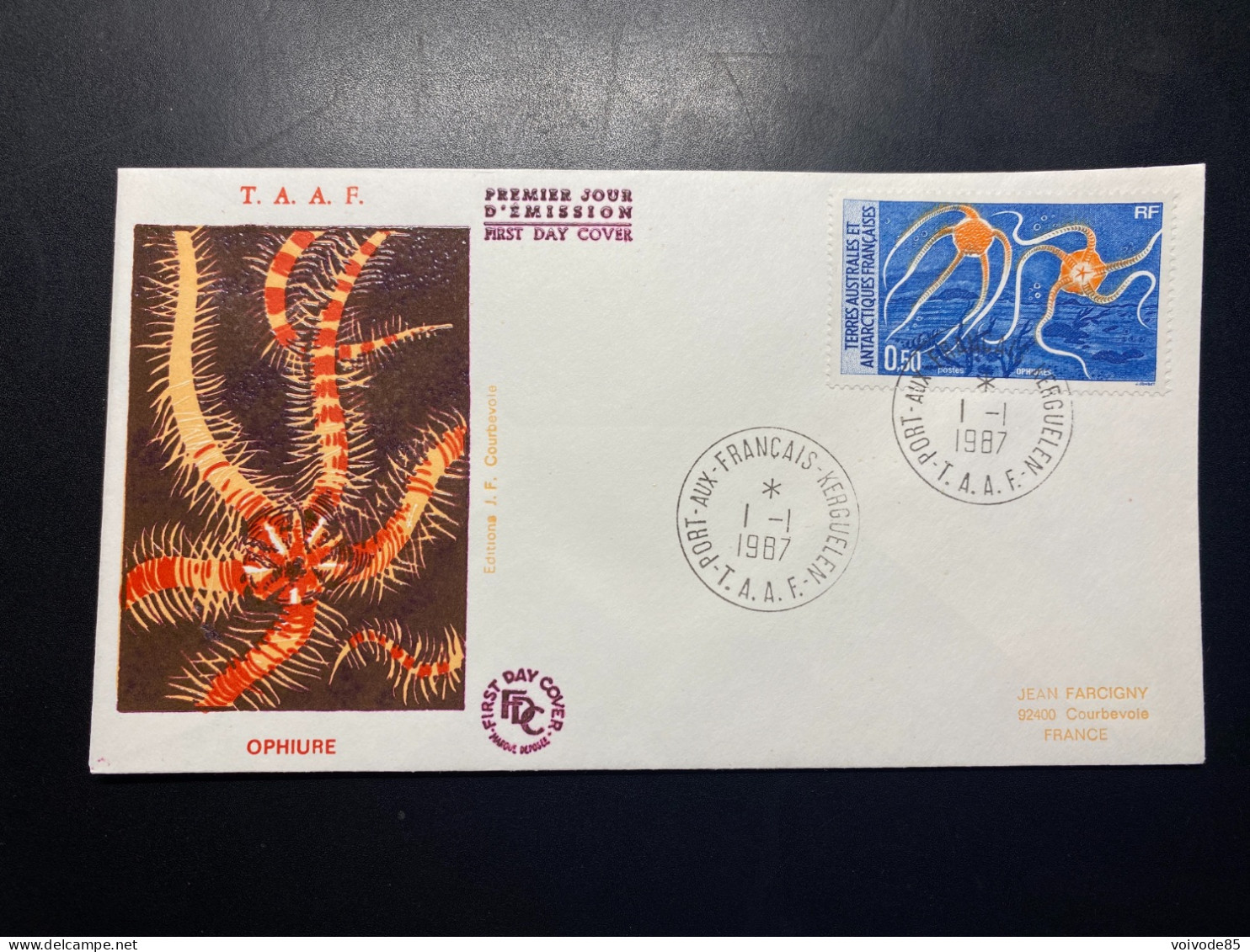 Enveloppe 1er Jour "Faune Antarctique - Ophiures" - 01/01/1987 - 122 - TAAF - Iles Kerguelen - FDC