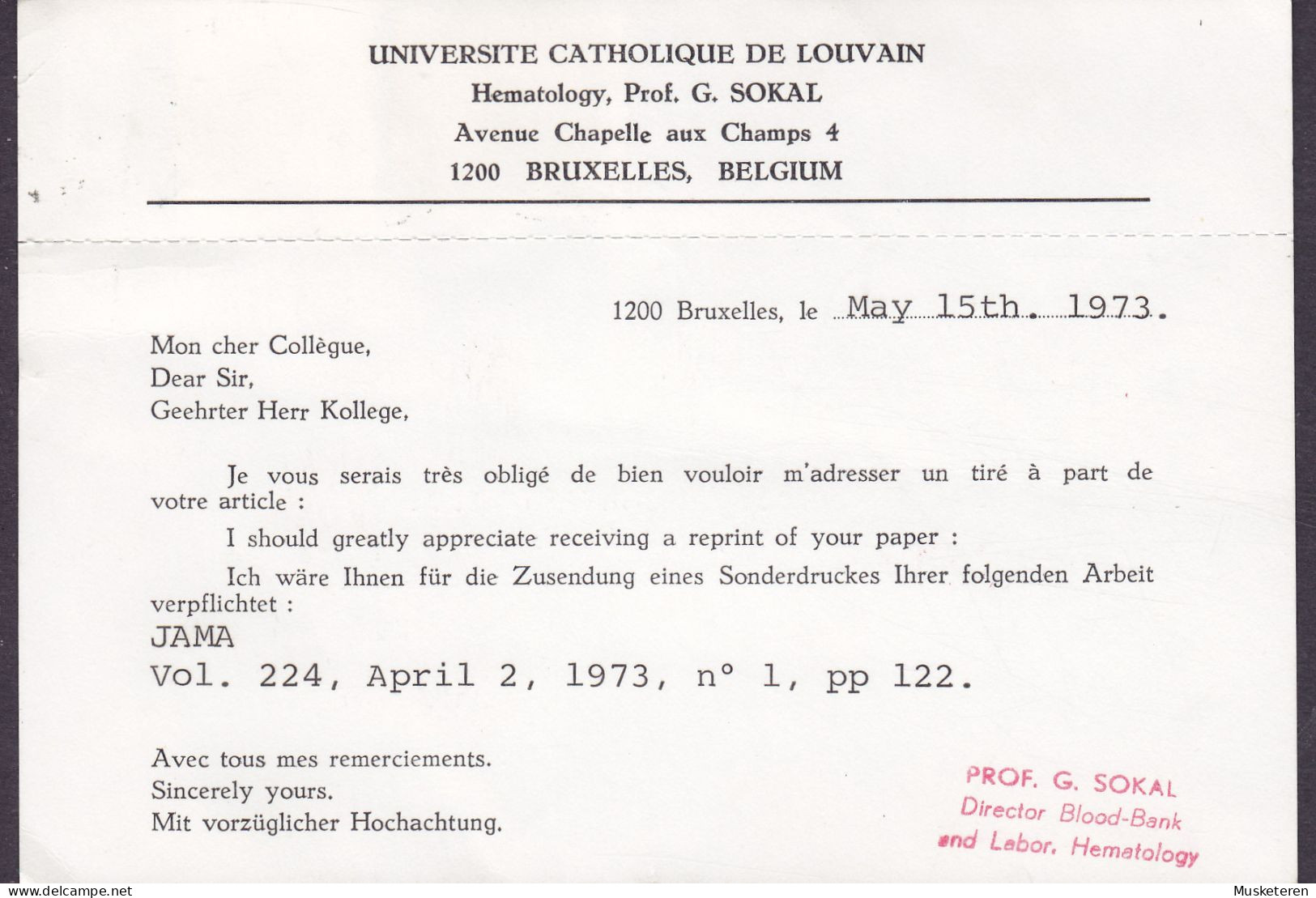 Belgium UNIVERSITE CATHOLIQUE DE LOUVAIN Hematology Blood-Bank G. SOKAL, BRUXELLES 1973 Card Carte TEXAS USA - Lettres & Documents