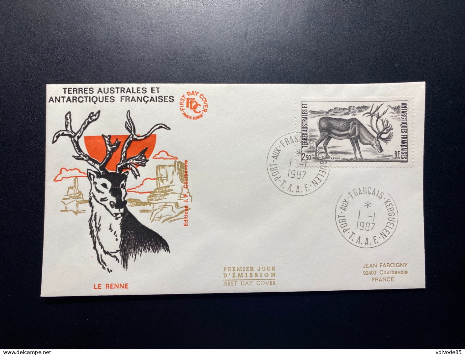 Enveloppe 1er Jour "Faune Antarctique - Le Renne" - 01/01/1987 - 123 - TAAF - Iles Kerguelen - FDC