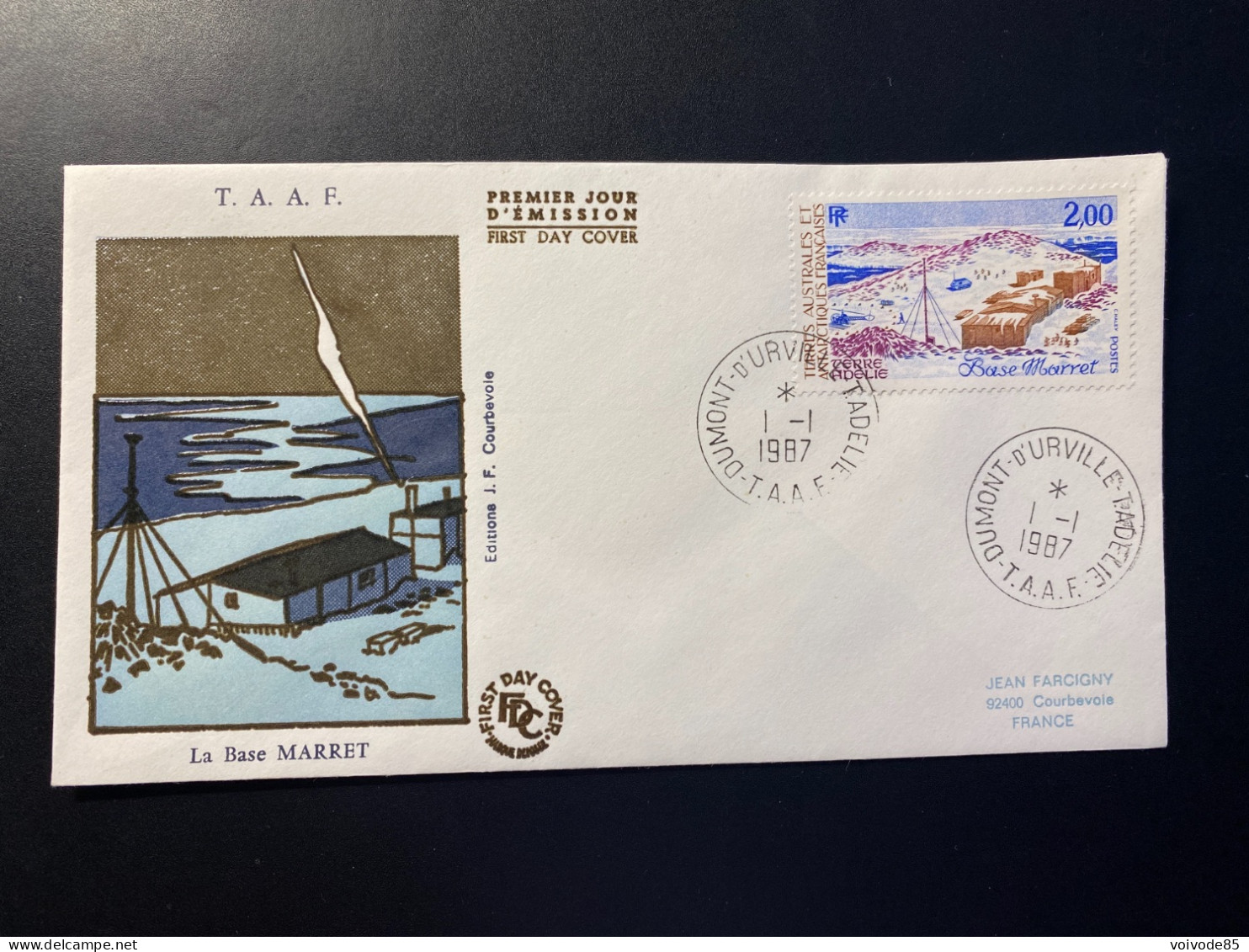 Enveloppe 1er Jour "La Base Marret" - 01/01/1987 - 127 - TAAF - Terre Adélie - FDC
