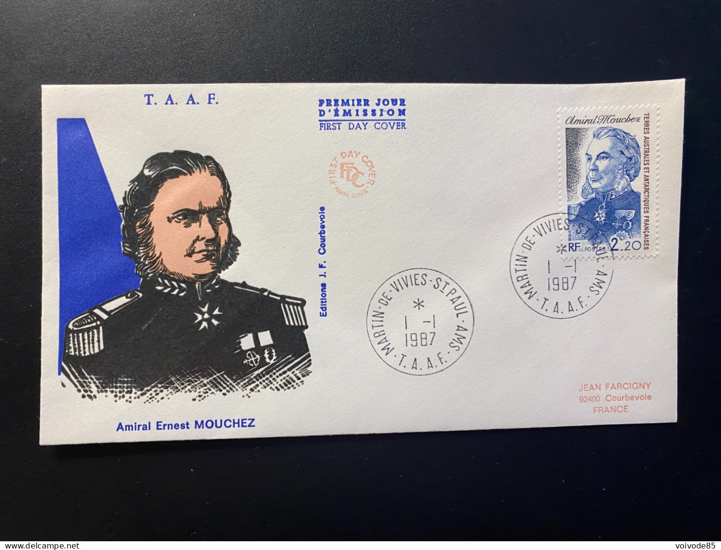 Enveloppe 1er Jour "Amiral Ernest Mouchez" - 01/01/1987 - 128 - TAAF - Saint Paul - FDC