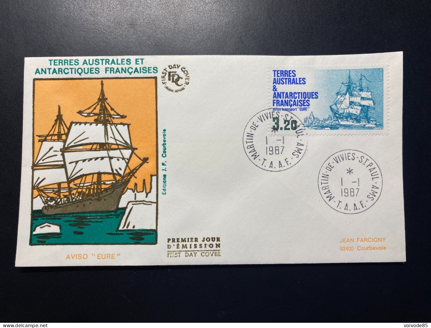 Enveloppe 1er Jour "Navire De Liaison Antarctique - Aviso - Eure" - 01/01/1987 - 129 - TAAF - Saint Paul - Bateaux - FDC