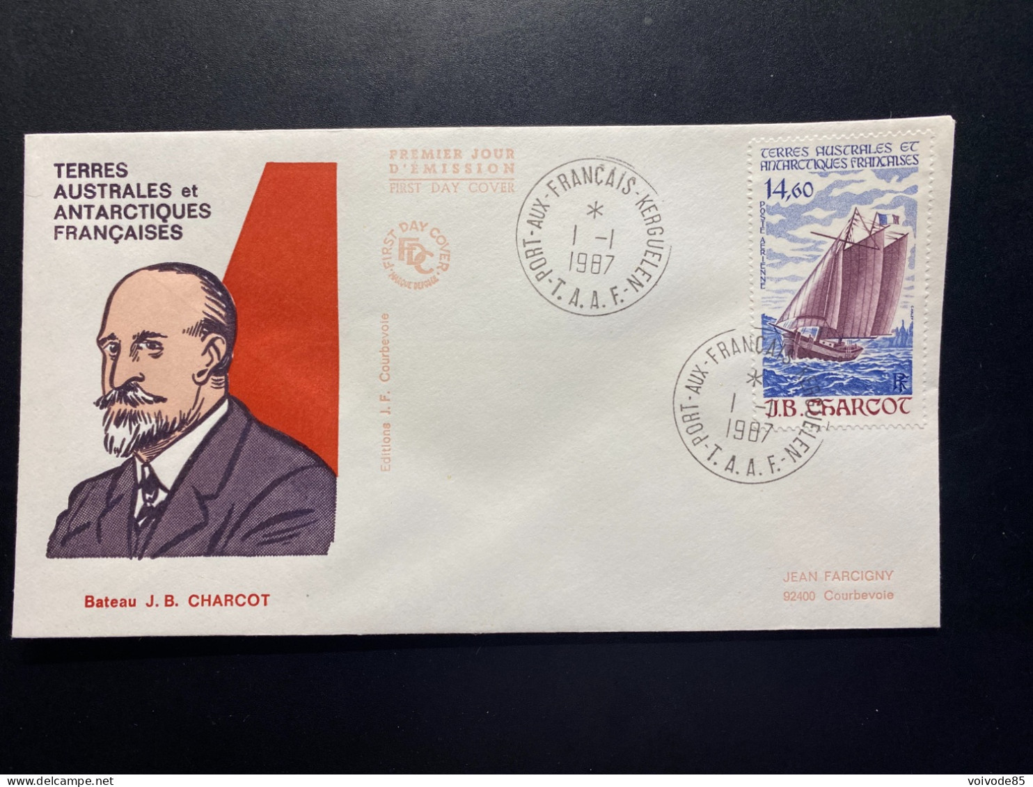 Enveloppe 1er Jour "Bateaux - J. B. Charcot" - 01/01/1987 - PA97 - TAAF - Iles Kerguelen - FDC