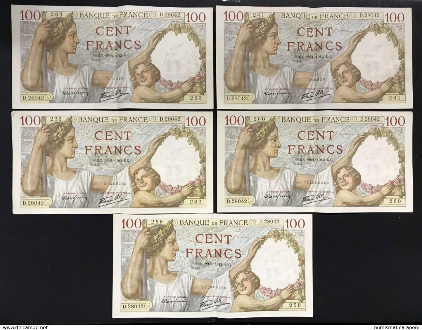 Francia France 100 Francs 100 F 1939-1942 ''Sully'' 29 01 1942 5 Es. Consecutivi Da Mazzetta Q.spl  Lotto.523 - 100 F 1939-1942 ''Sully''