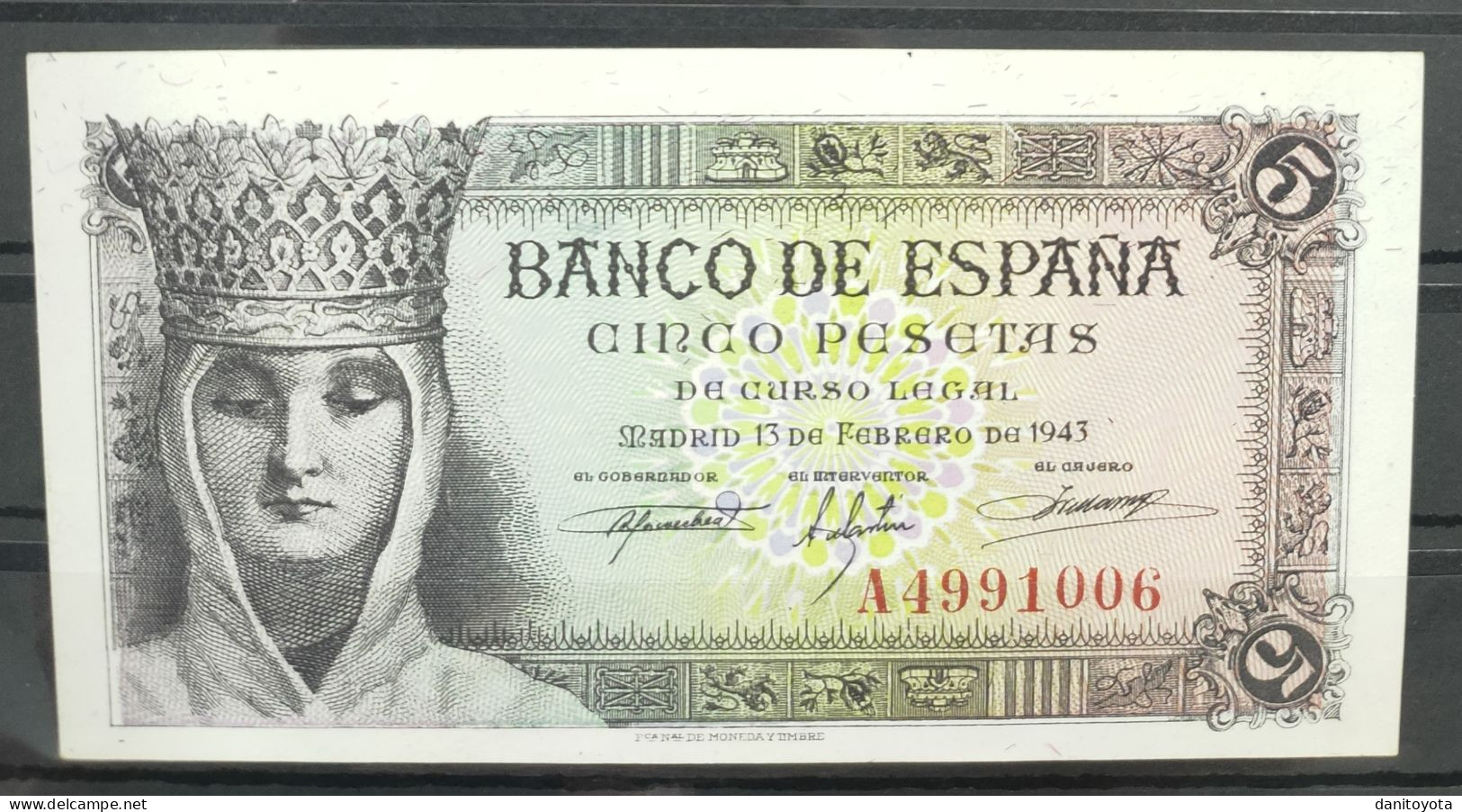 ESPAÑA. EDIFIL 446a. 5 PTAS 13 FEBRERO 1943 SERIE A, ISABEL LA CATOLICA. - 5 Pesetas