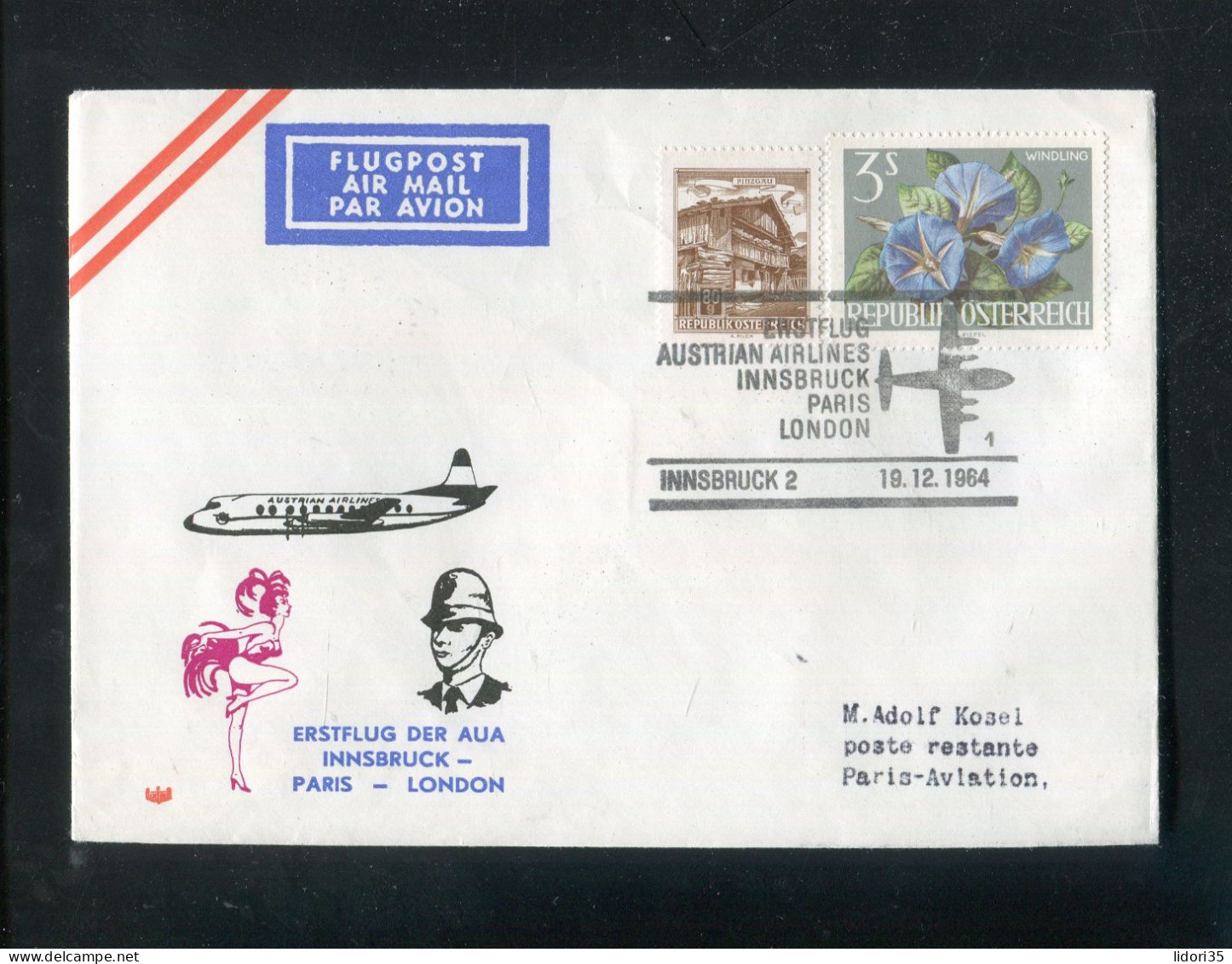 "OESTERREICH" 1964, AUA-Erstflugbrief "Innsbruck-Paris" (L0080) - Erst- U. Sonderflugbriefe