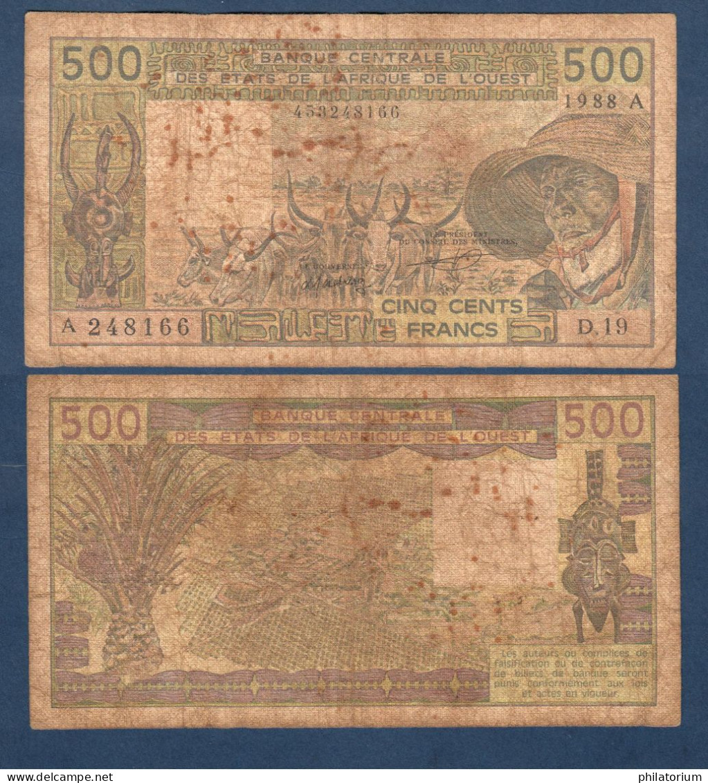 500 Francs CFA, 1988 A, Cote D' Ivoire, D.19, A 248166, Oberthur, P#_06, Banque Centrale États De L'Afrique De L'Ouest - Estados De Africa Occidental