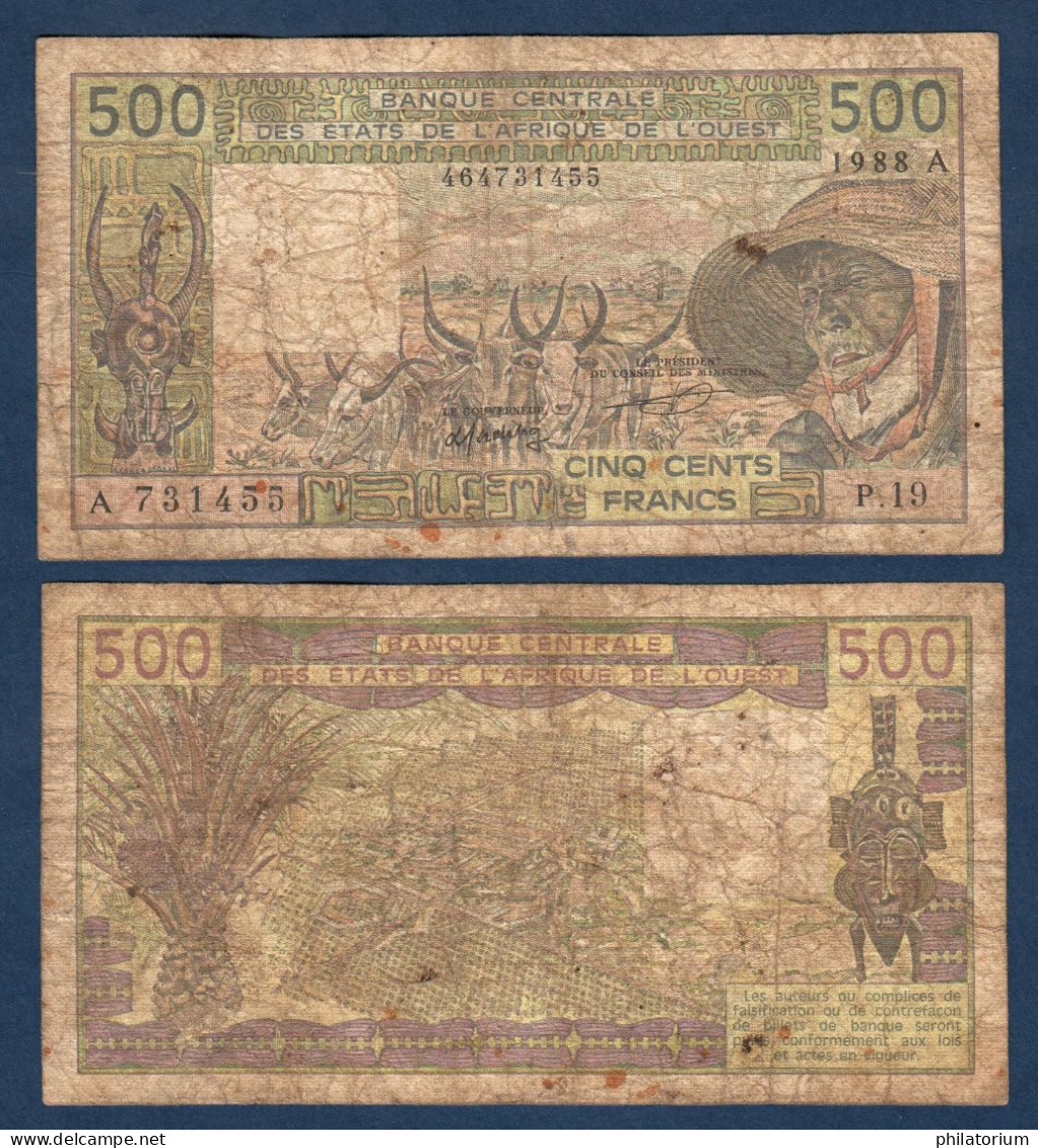 500 Francs CFA, 1988 A, Cote D' Ivoire, P.19, A 731455, Oberthur, P#_06, Banque Centrale États De L'Afrique De L'Ouest - États D'Afrique De L'Ouest