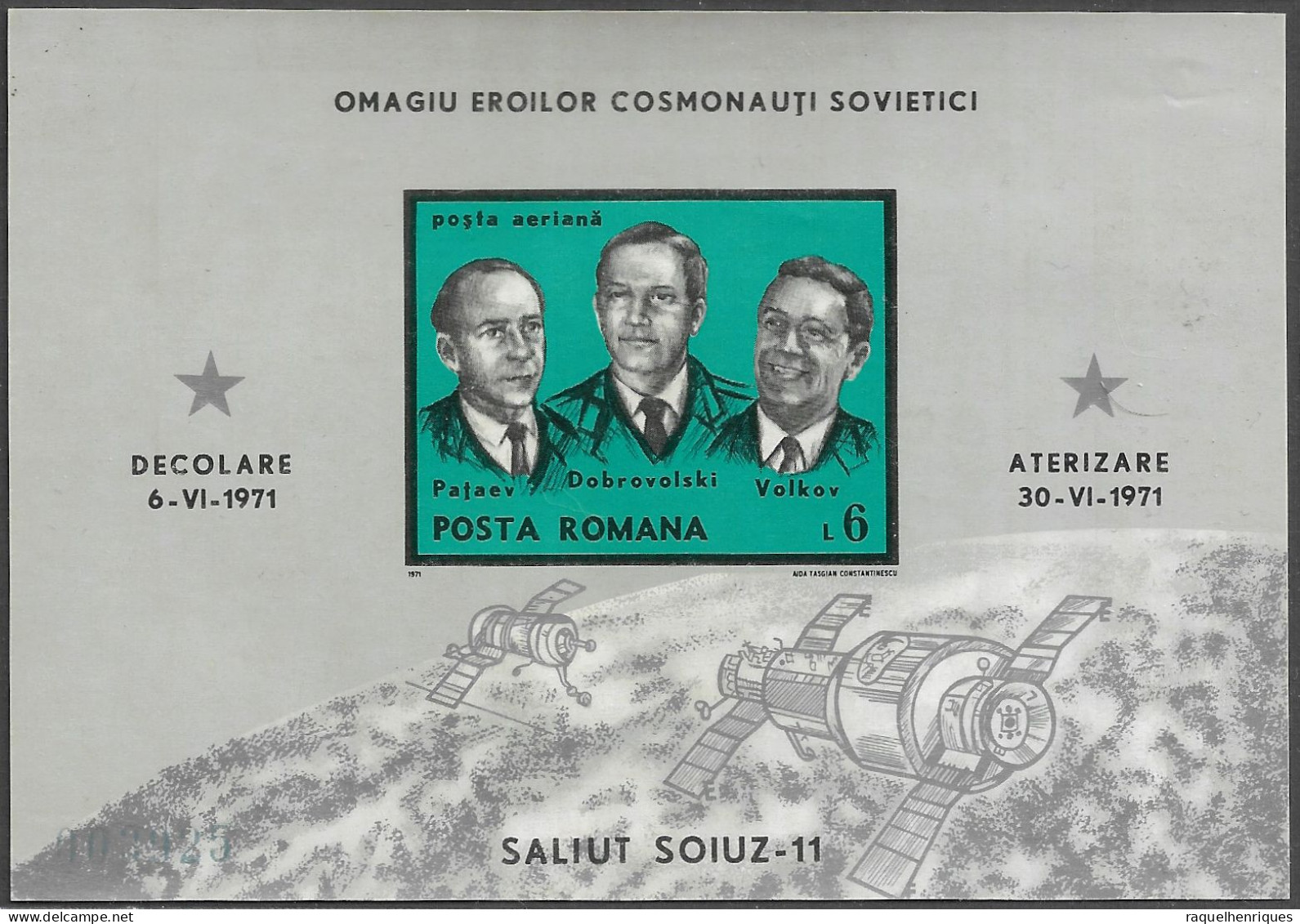 ROMANIA 1971 Airmail - Sojuz 11 - Death Of Soviet Cosmonauts IMPERF. MINISHEET MNH (NP#71-P28) - Europe