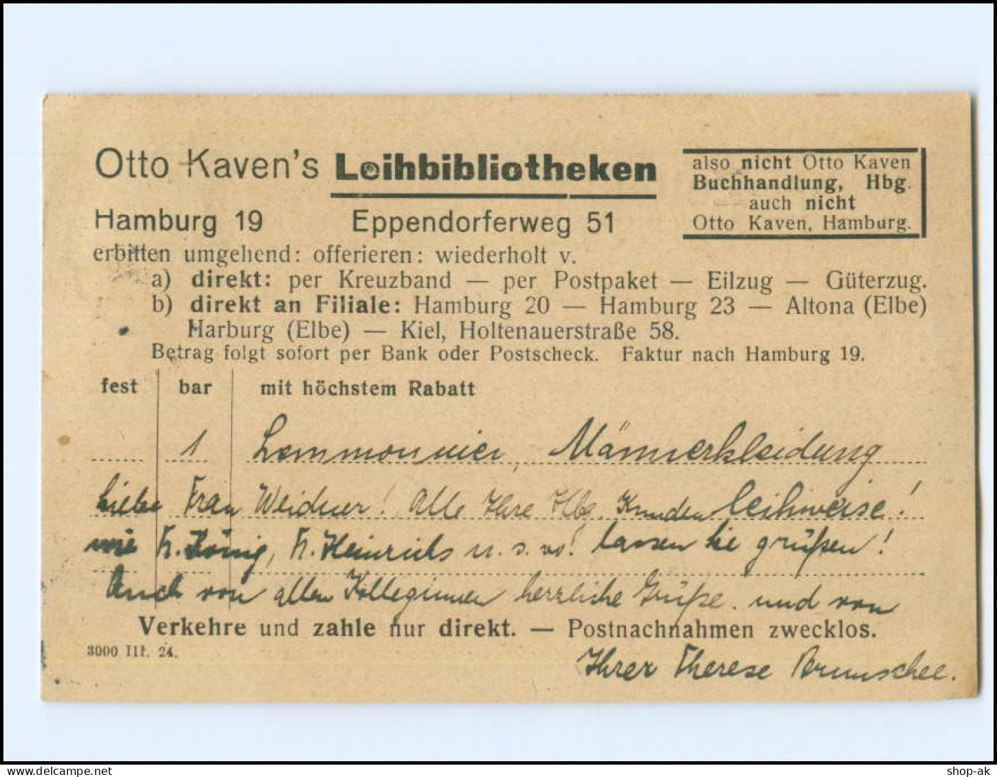Y19437/ Hamburg Eimsbüttel Otto Kaven`s Leibibliothek 1925 AK  - Eimsbuettel
