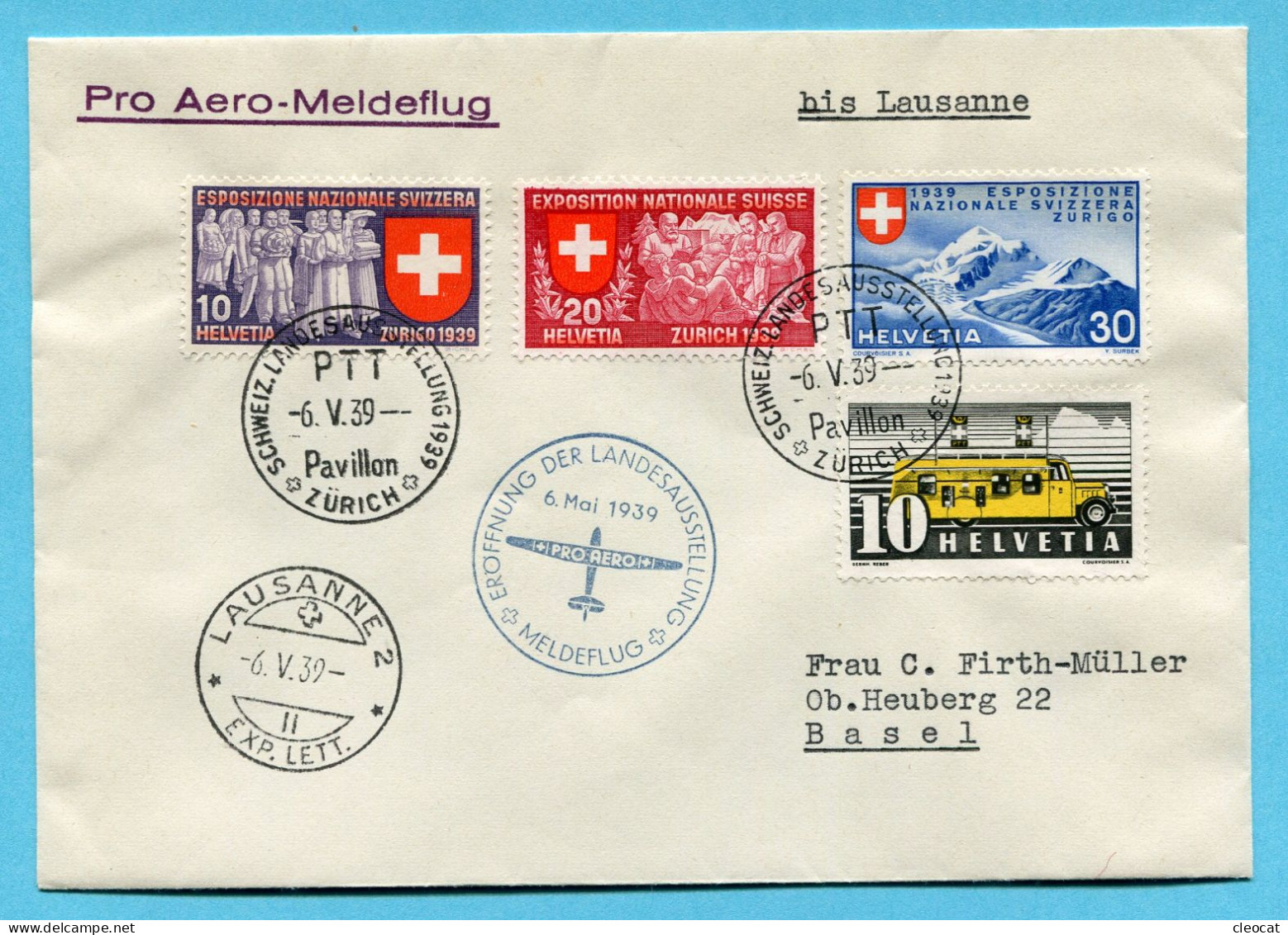 Brief Pro Aero Meldeflug Schweiz. Landesausstellung Zürich 1939 Nach Lausanne - Eerste Vluchten