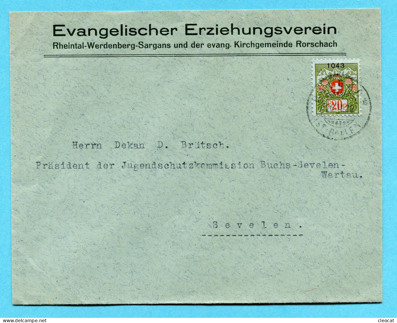 Brief Balgach 1926 - Portofreiheit Nr. 1043 - Absender: Evangelischer Erziehungsverein - Rheintal-Werdenberg-Sargans - Portofreiheit