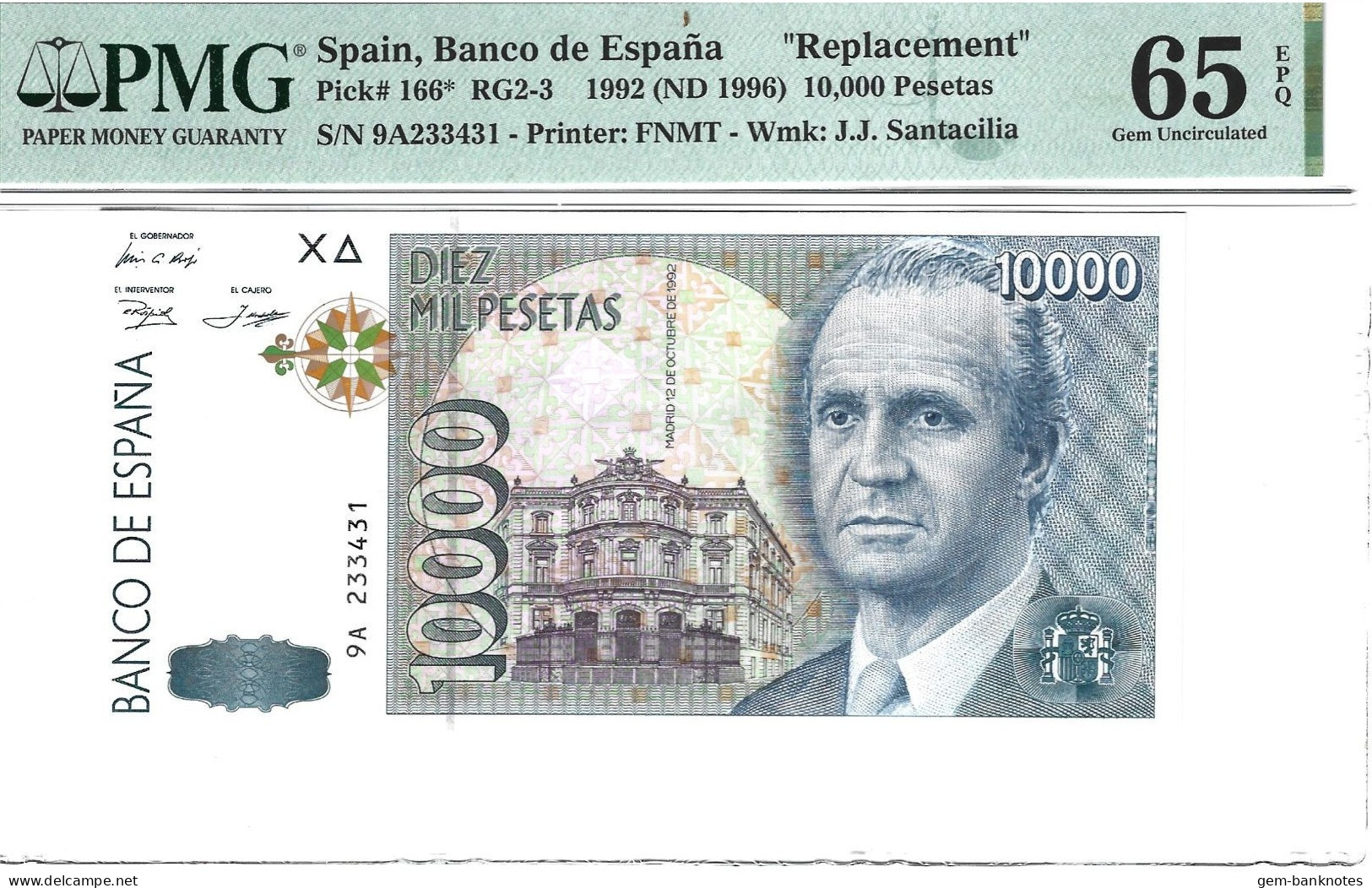 Spain 10000 Pesetas 1992 (1996) P166 Prefix 9A Replacement Graded 65 EPQ Gem Uncirculated By PMG - [ 4] 1975-… : Juan Carlos I