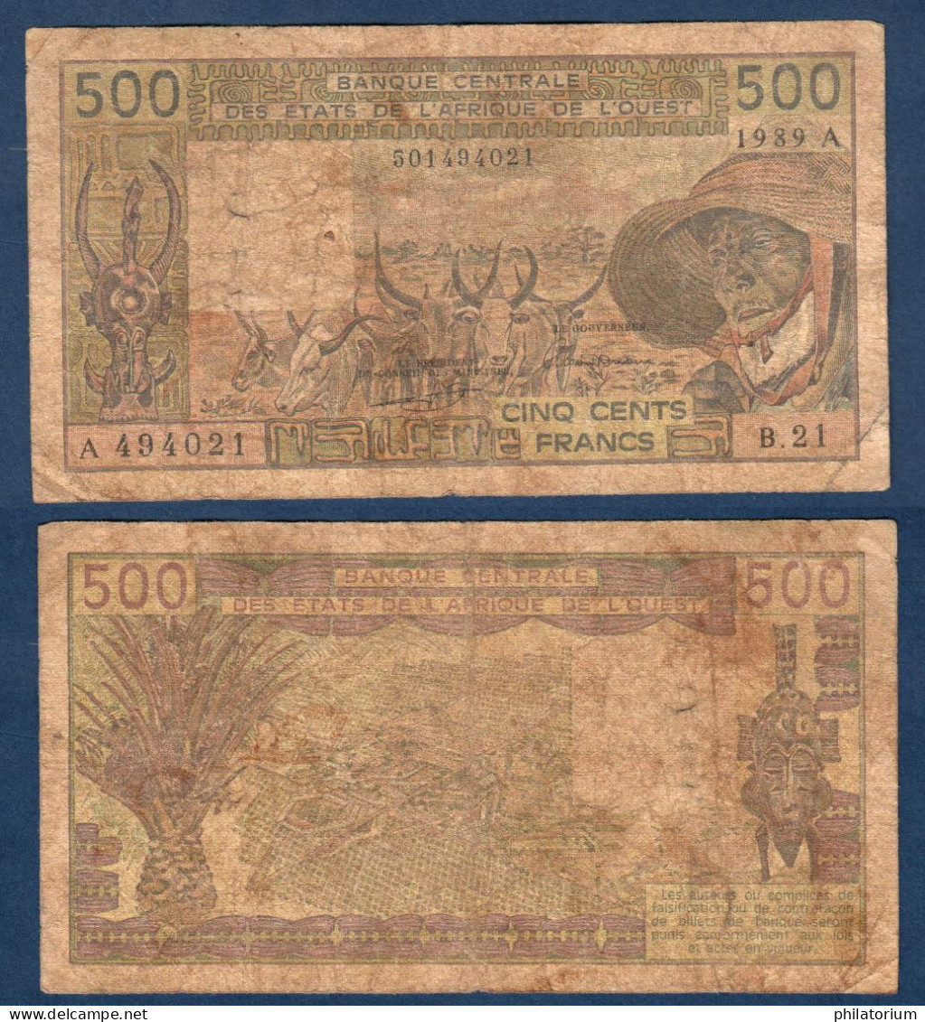 500 Francs CFA, 1989 A, Cote D' Ivoire, B.21, A 494021, Oberthur, P#_06, Banque Centrale États De L'Afrique De L'Ouest - Stati Dell'Africa Occidentale