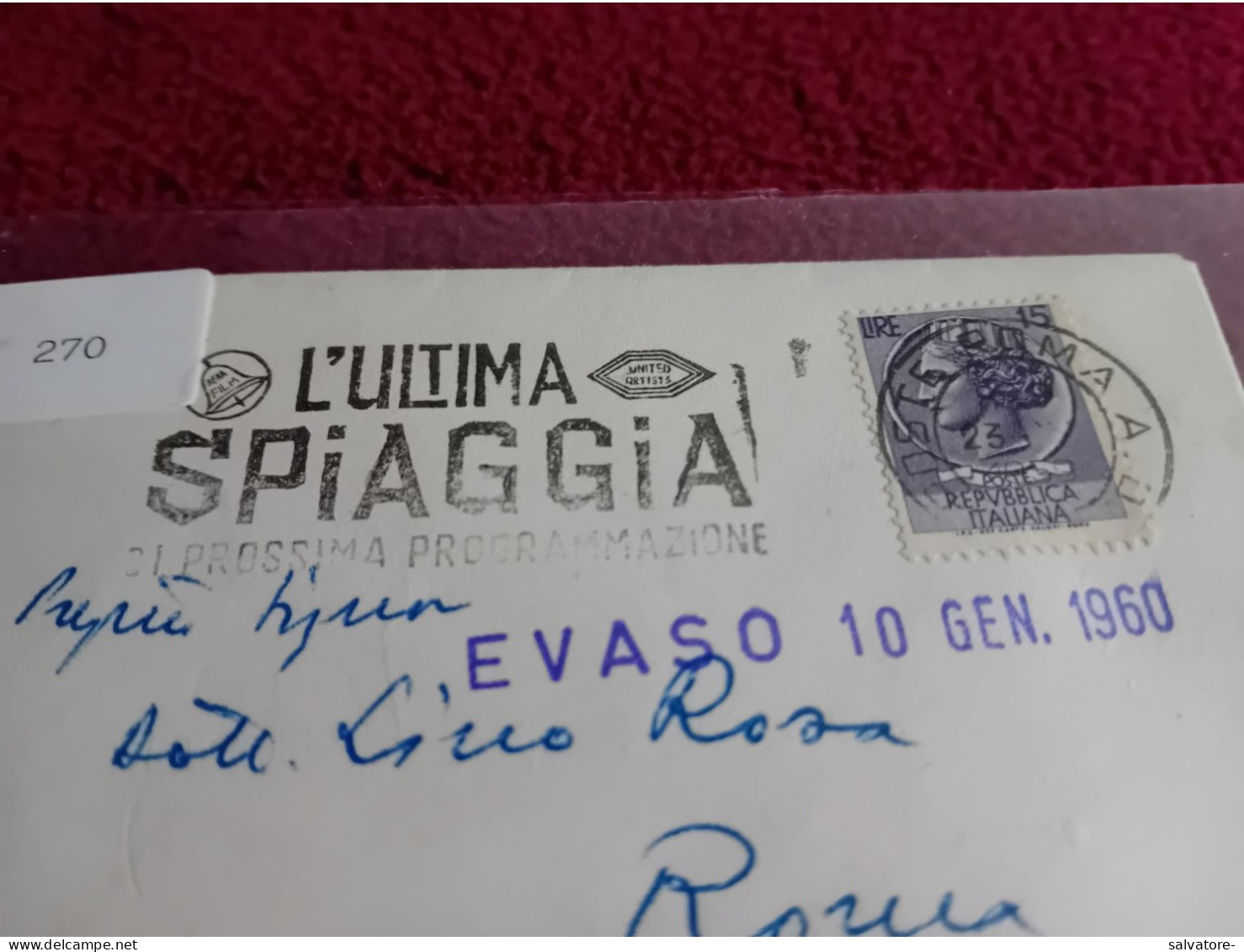LETTERA CON ANNULLO PUBBLICITARIO L'ULTIMA SPIAGGIA DI PROSSIMA PROGRAMMAZIONE- 1960 - Bioscoopreclame