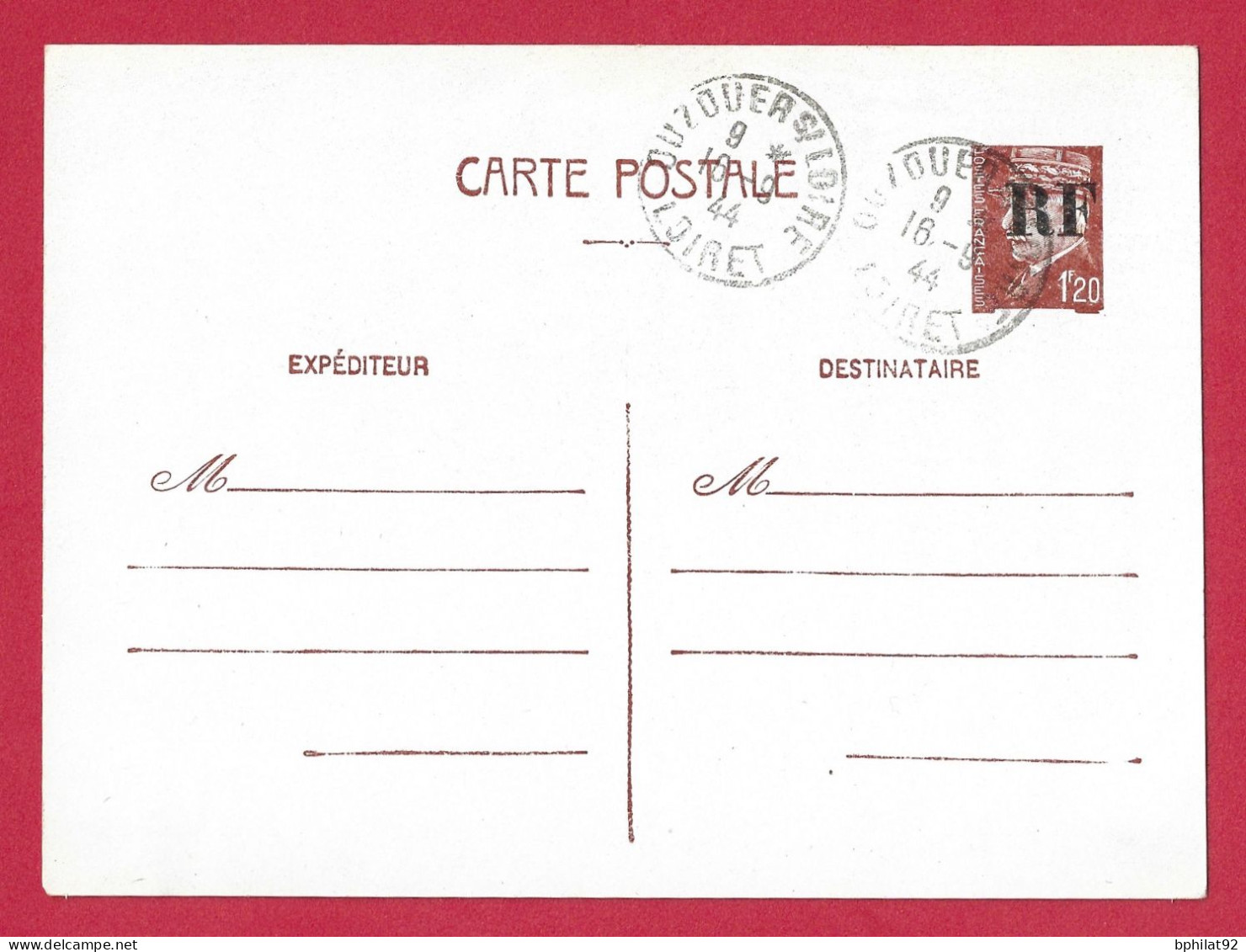 !!! ENTIER PÉTAIN 1 FRANC 20 SURCHARGE LOCALE RF DU LOIRET DE 1944 - Enveloppes Types Et TSC (avant 1995)