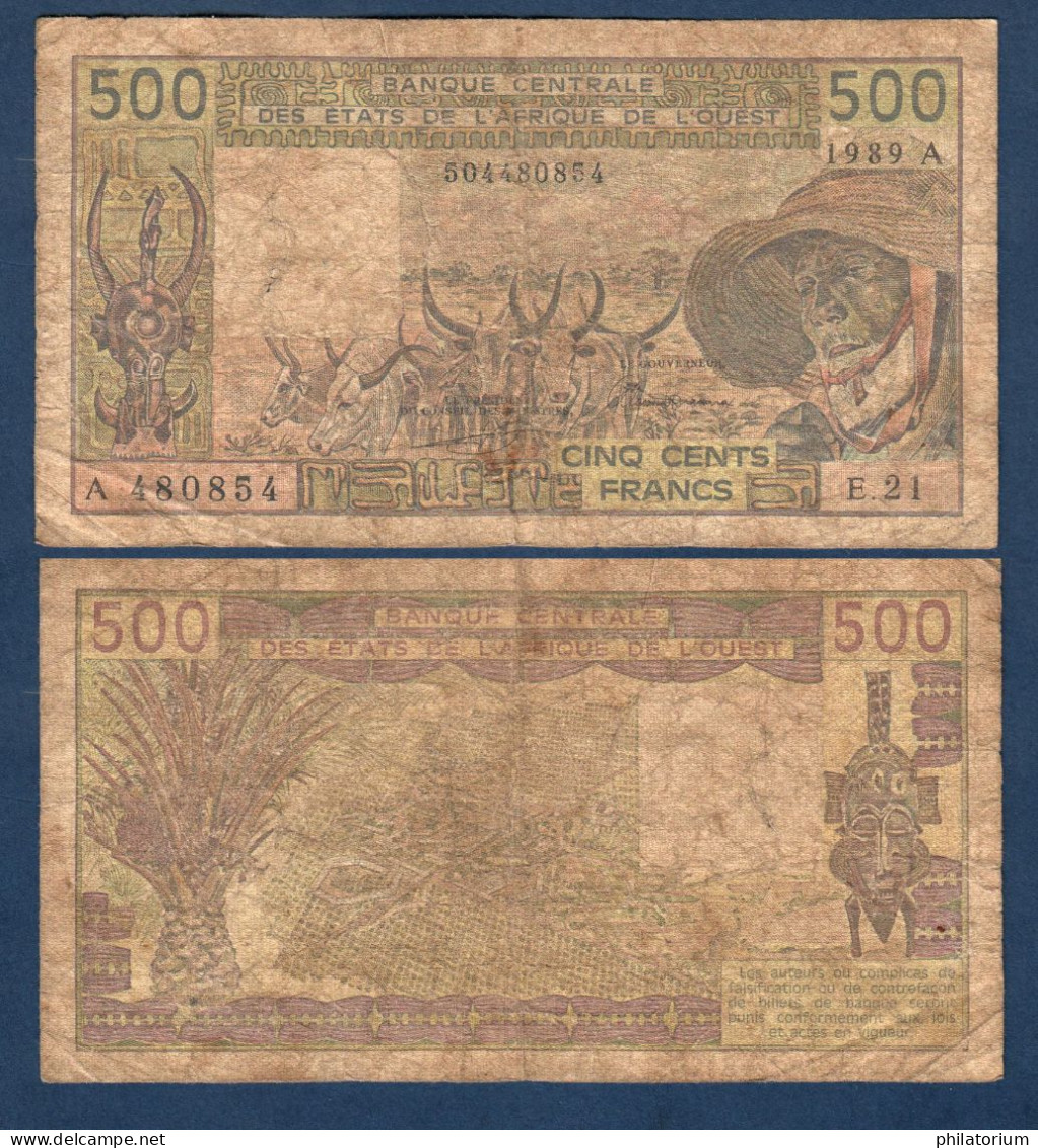 500 Francs CFA, 1989 A, Cote D' Ivoire, E.21, A 480854, Oberthur, P#_06, Banque Centrale États De L'Afrique De L'Ouest - Westafrikanischer Staaten