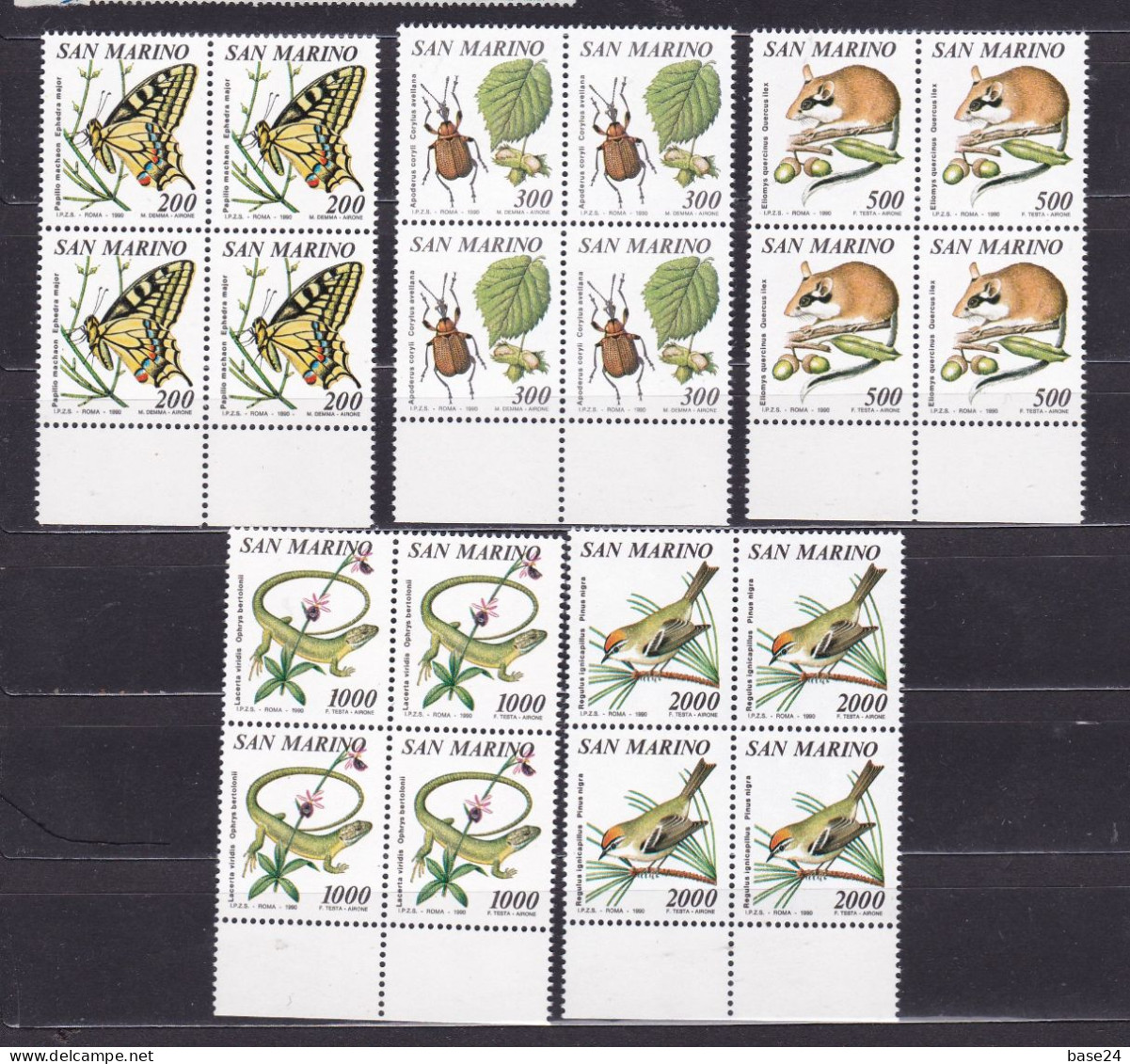 1990 San Marino Saint Marin FLORA E FAUNA 4 Serie Di 5 Valori In Quartina MNH** FLORA AND FAUNA Block 4 - Neufs