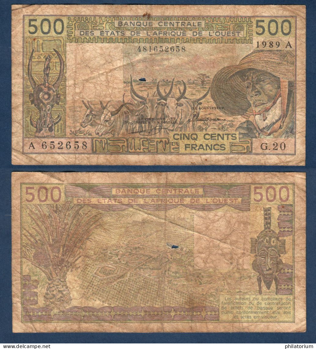 500 Francs CFA, 1989 A, Cote D' Ivoire, G.20, A 652658, Oberthur, P#_06, Banque Centrale États De L'Afrique De L'Ouest - West African States