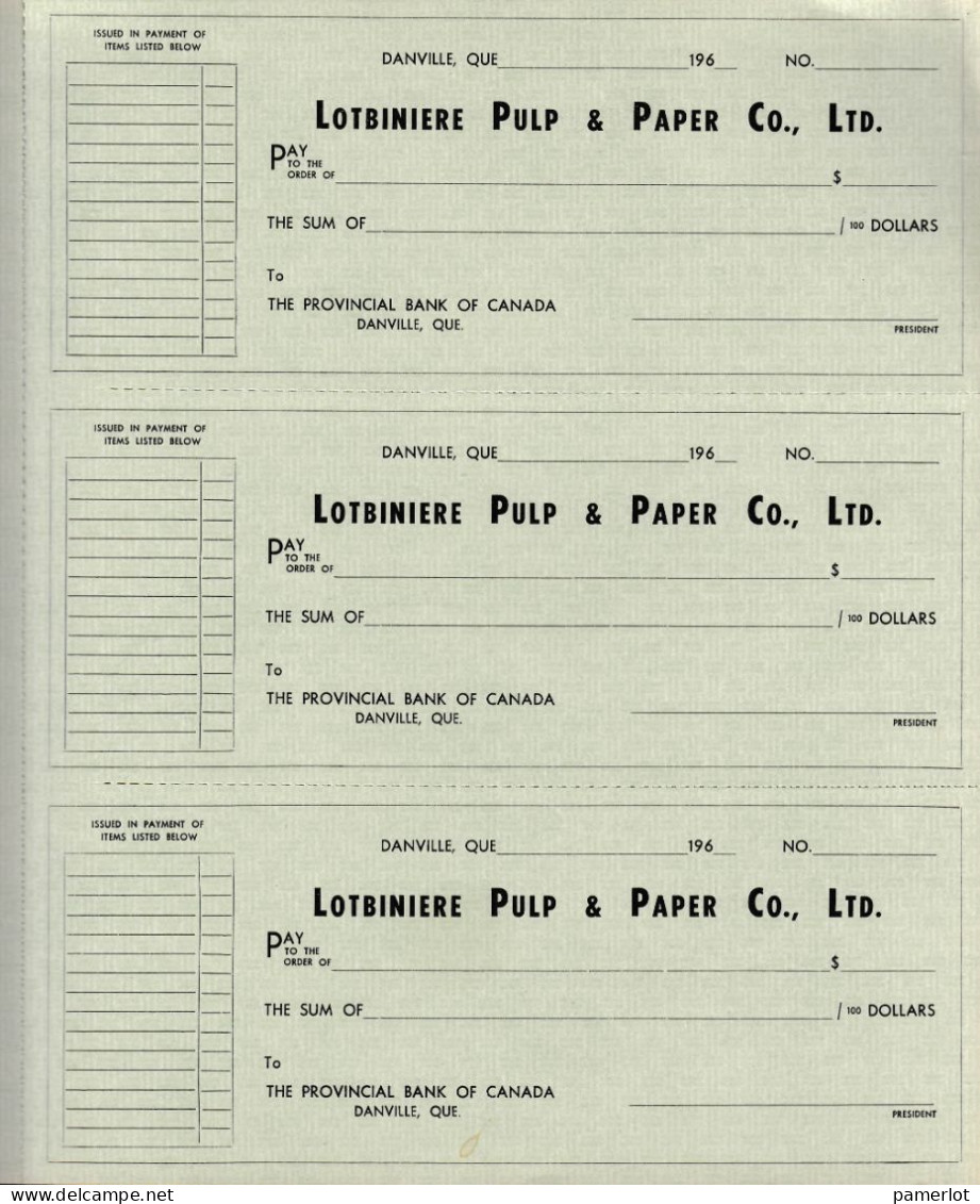 Danville P.Quebec - Carnet De Cheques Lotbiniere Pulp & Paper Dans Les 1960, 34 X 26cm, 49 Pages De 3p.p - Cheques & Traveler's Cheques