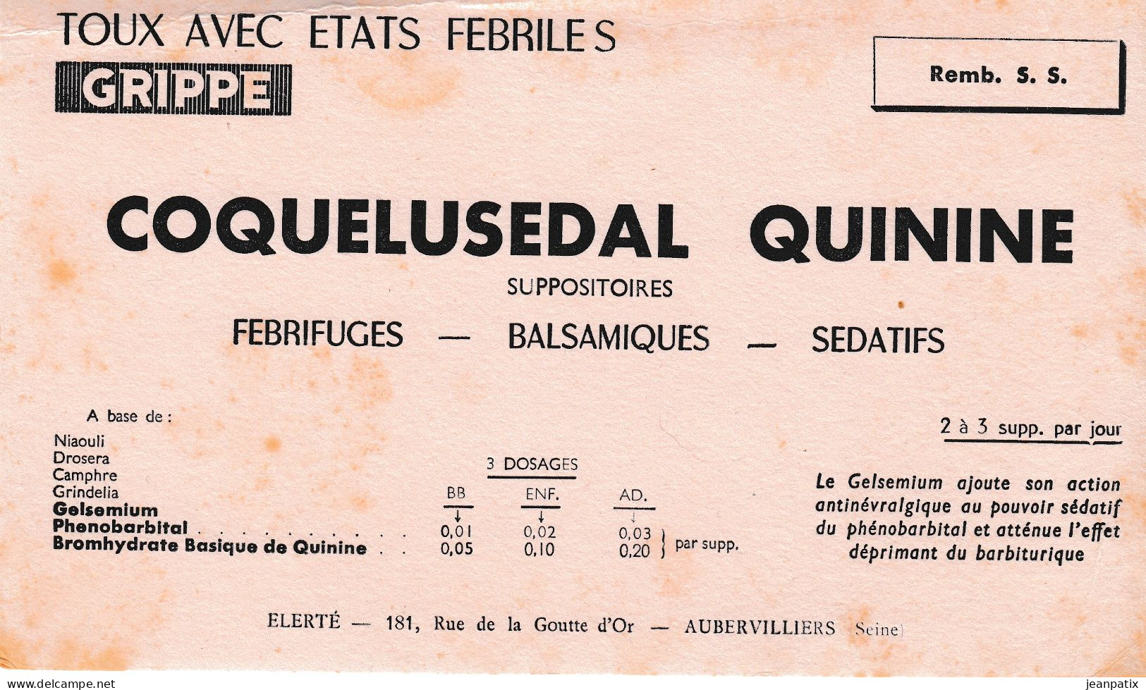 Buvard & Blotting Paper - Pharmacie - COQUELUSEDAL QUININE - Laboratoires Elerté - Aubervillers - Drogheria