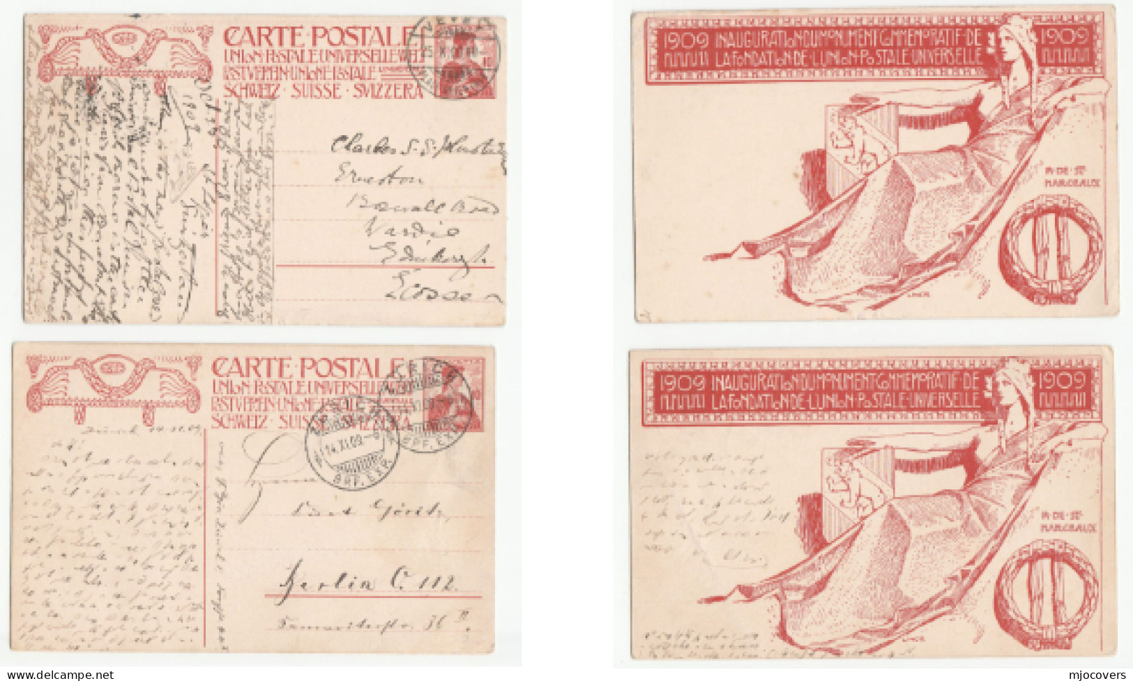 2 X 1909 Illus Switzerland UPU Inauguration POSTAL STATIONERY CARDS To GB Germany Cover Stamps - U.P.U.