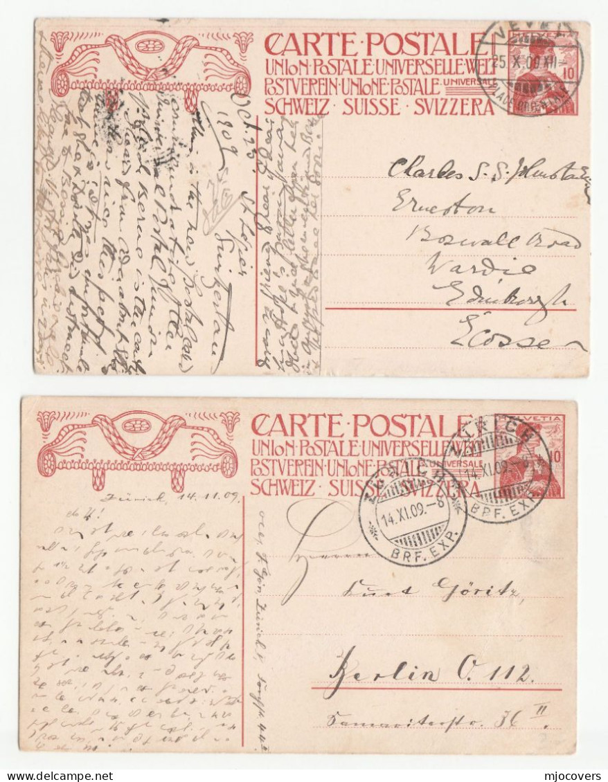 2 X 1909 Illus Switzerland UPU Inauguration POSTAL STATIONERY CARDS To GB Germany Cover Stamps - U.P.U.