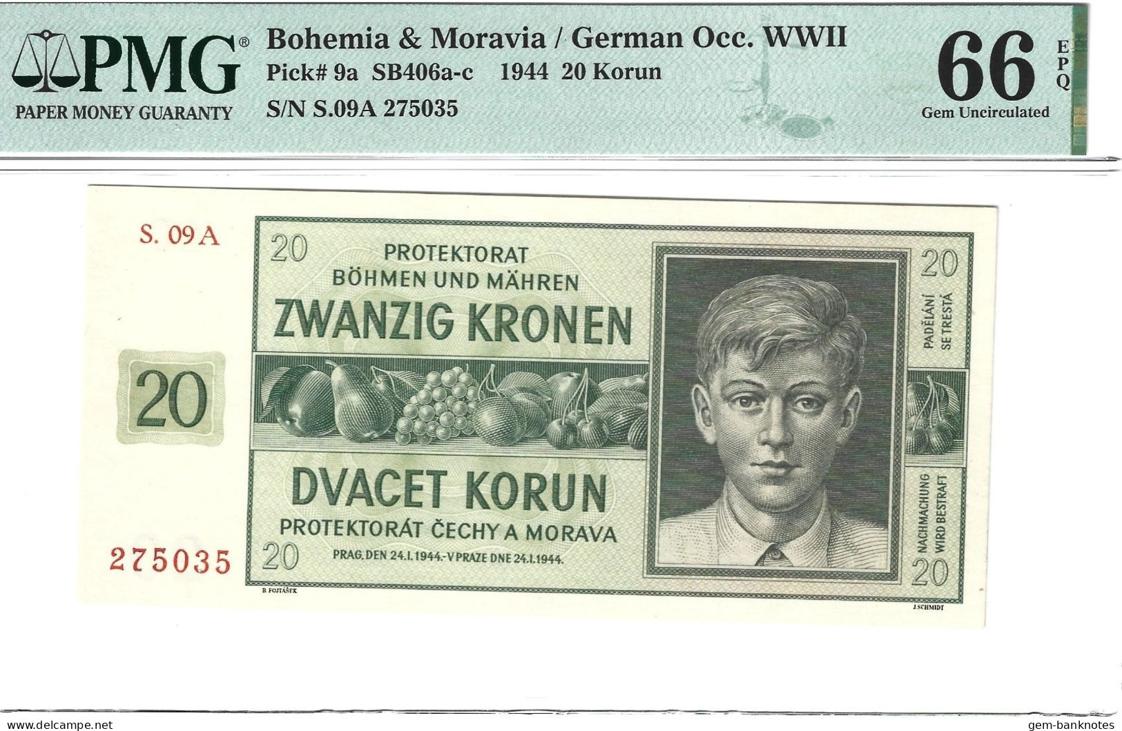 Bohemia & Moravia/German Occupation WWII 20 Korun 1944 P9a Graded 66 EPQ Gem Uncirculaed By PMG - Czechoslovakia