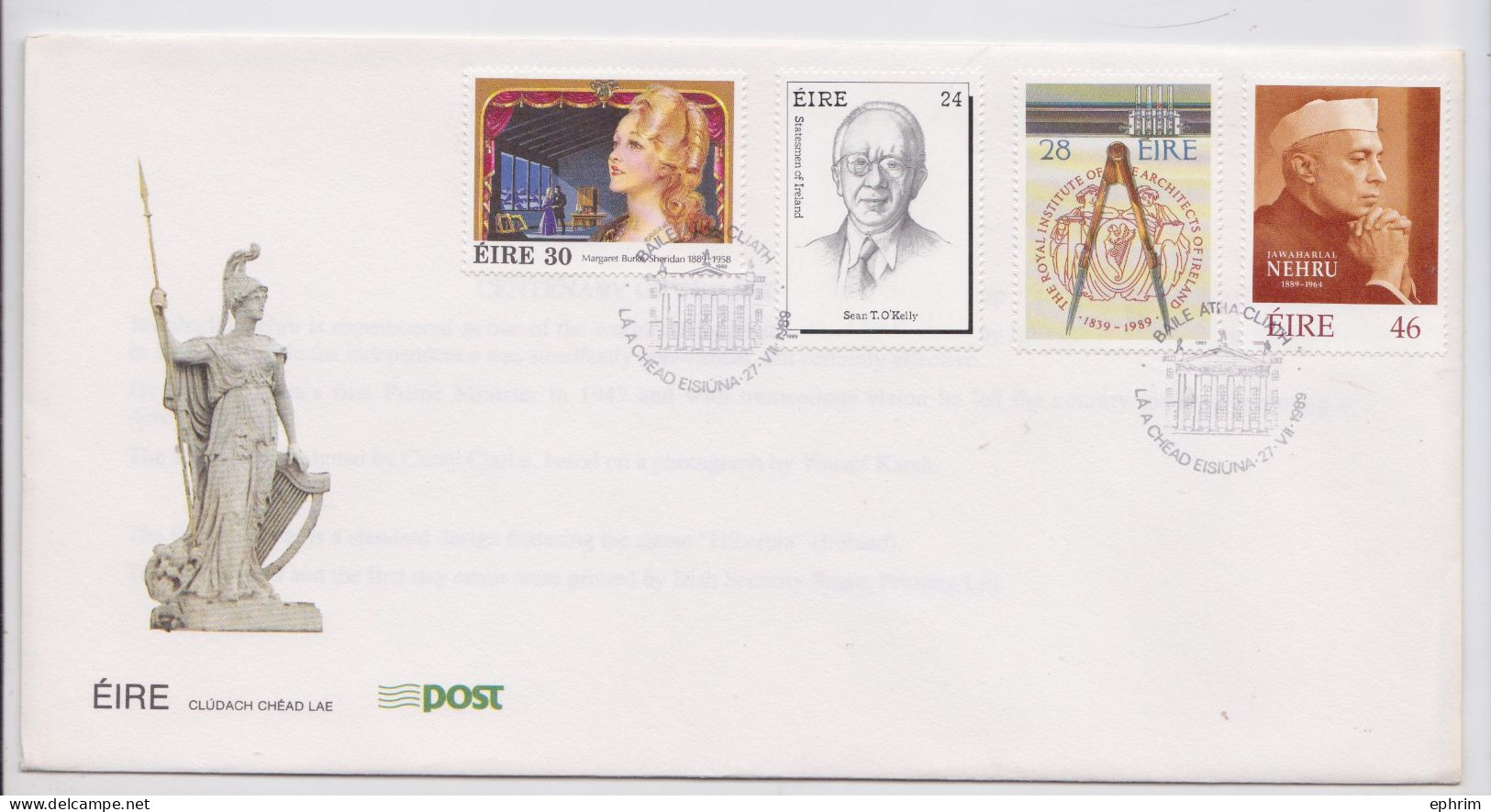 FDC EIRE 1989 FIRST DAY OF ISSUE STAMP COVER ENVELOPPE PREMIER JOUR TIMBRE LETTRE NEHRU COMPAS ARCHITECTS SEAN O'KELLY - FDC