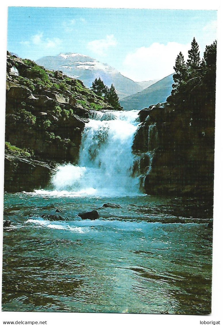 GRADAS DE SOASO Y RIO ARAZAS, AL FONDO TORRE DE GORIZ Y MONTEPERDIDO.- PIRINEO ARAGONES.-  TORLA / HUESCA.- ( ESPAÑA ) - Huesca