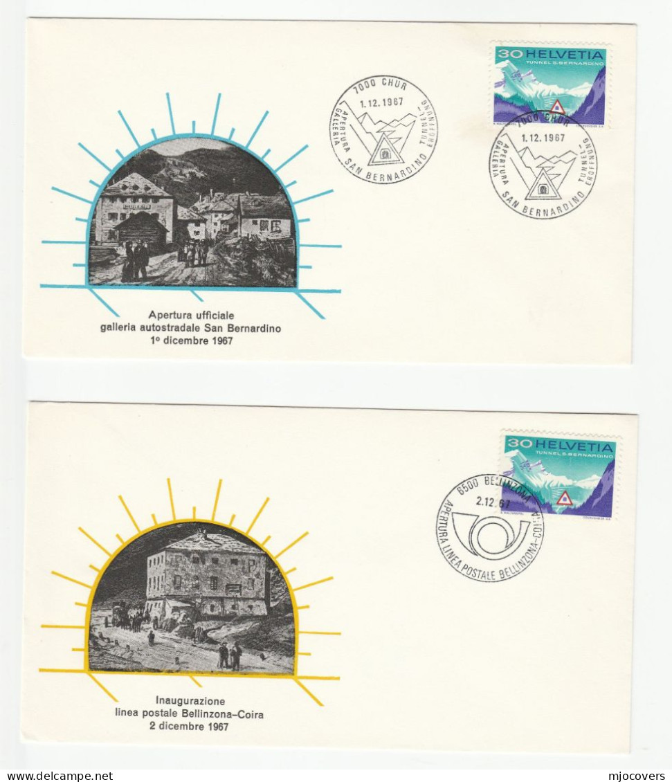 2 Diff 1967 San Bernardino  ROAD TUNNEL INAUGURATION Event Covers Chur, Belilnzona Switzerland Road Safety Cover Stamps - Unfälle Und Verkehrssicherheit