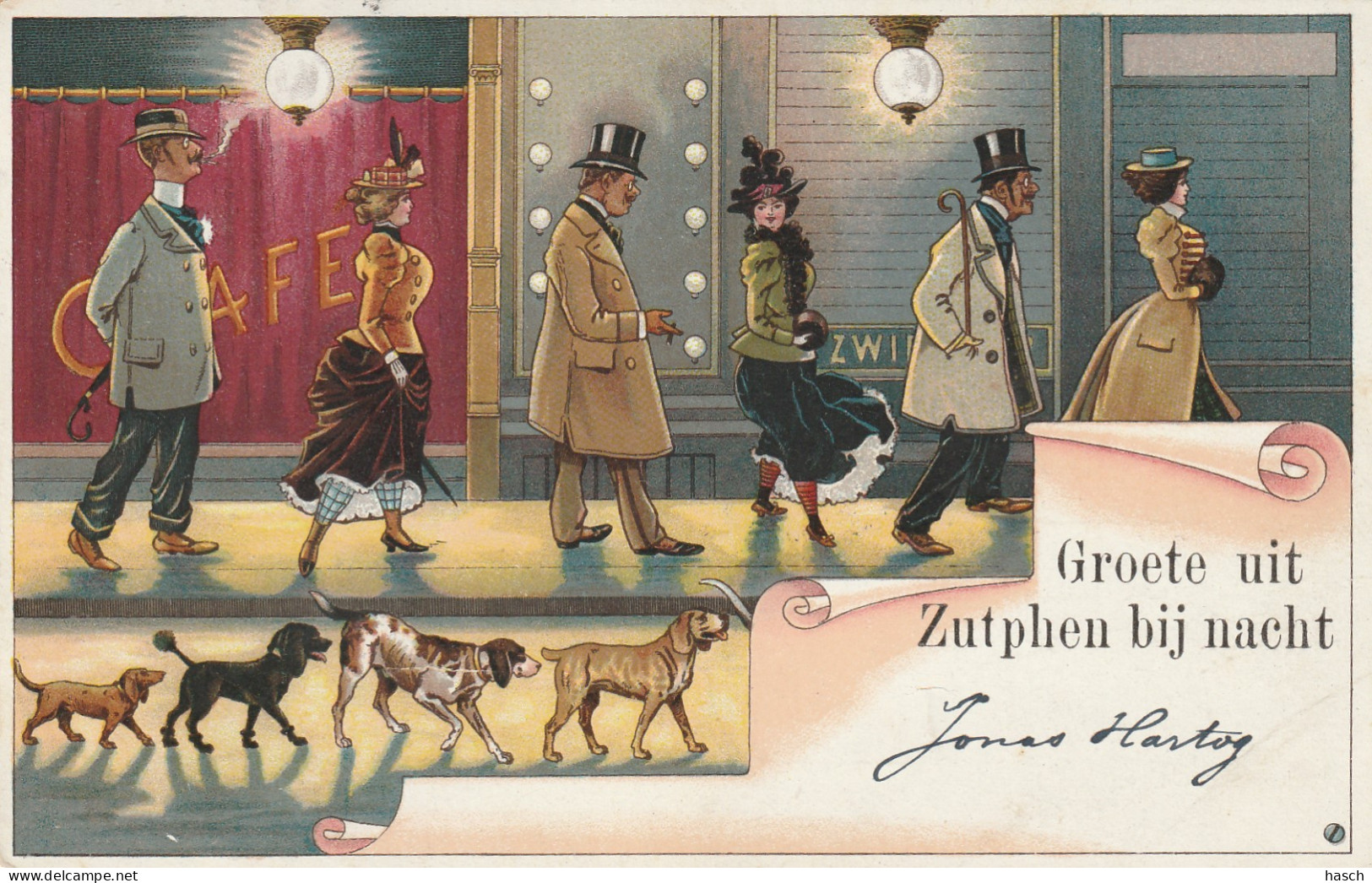 489011Zutphen, Groete Uit Zutphen Bij Nacht. (Poststempel 1904.) (Kleine Vouw 3e Hond Van Links)  - Zutphen