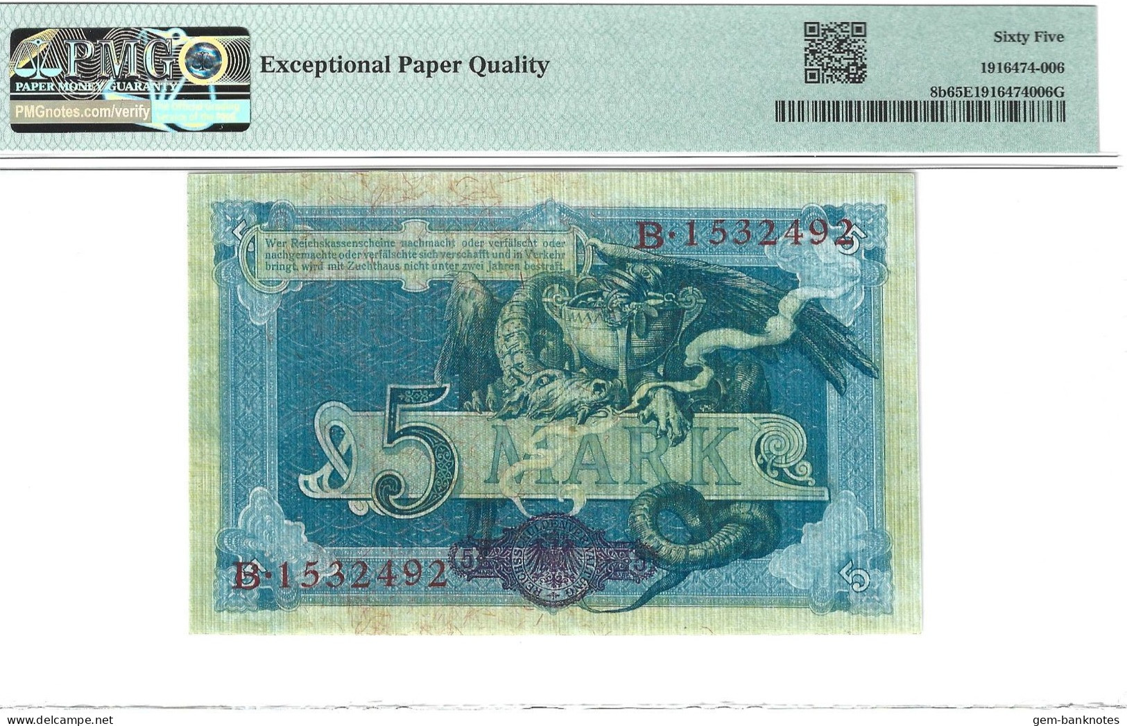 Germany, Imperial Treasury Note 5 Mark 1904 P8b Graded 65 EPQ Gem Uncirculated By PMG - 5 Mark