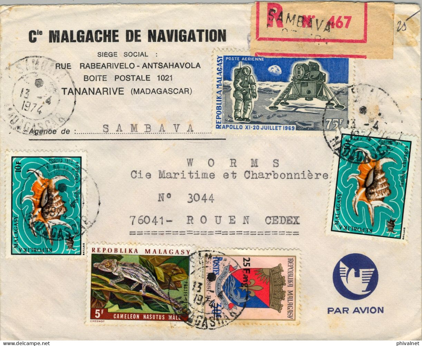 1974 MADAGASCAR , SAMBAVA - ROUEN , SOBRE CERTIFICADO , CORREO AÉREO , AL DORSO " IVATO AEROPORT " - Madagaskar (1960-...)