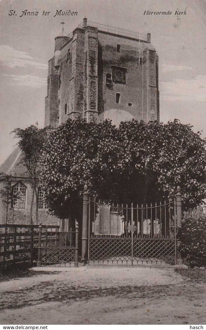 4893544St. Anna Ter Muiden, Hervormde Kerk. (Kleine Vouw Linksboven, Kras Toren)  - Sluis