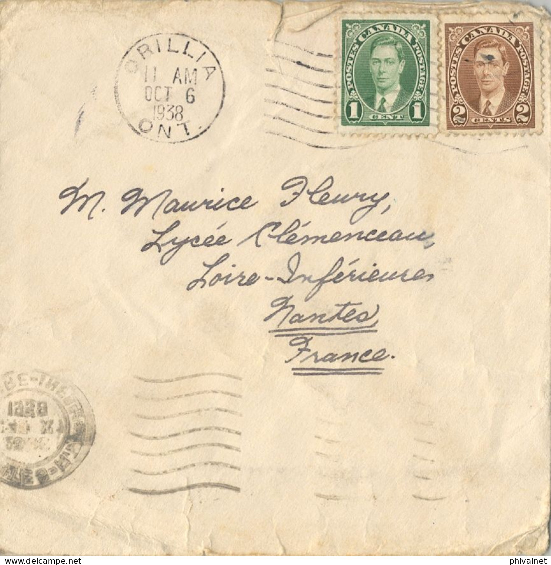 1938 CANADÁ , ORILLIA / ONTARIO  - NANTES , SOBRE CIRCULADO , LLEGADA , GEORGE VI - Storia Postale