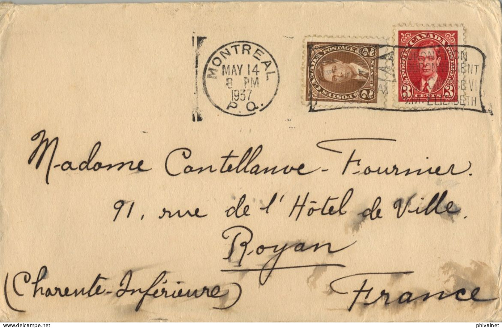 1937 CANADÁ , MONTREAL  - ROYAN , SOBRE CIRCULADO , GEORGE VI - Storia Postale