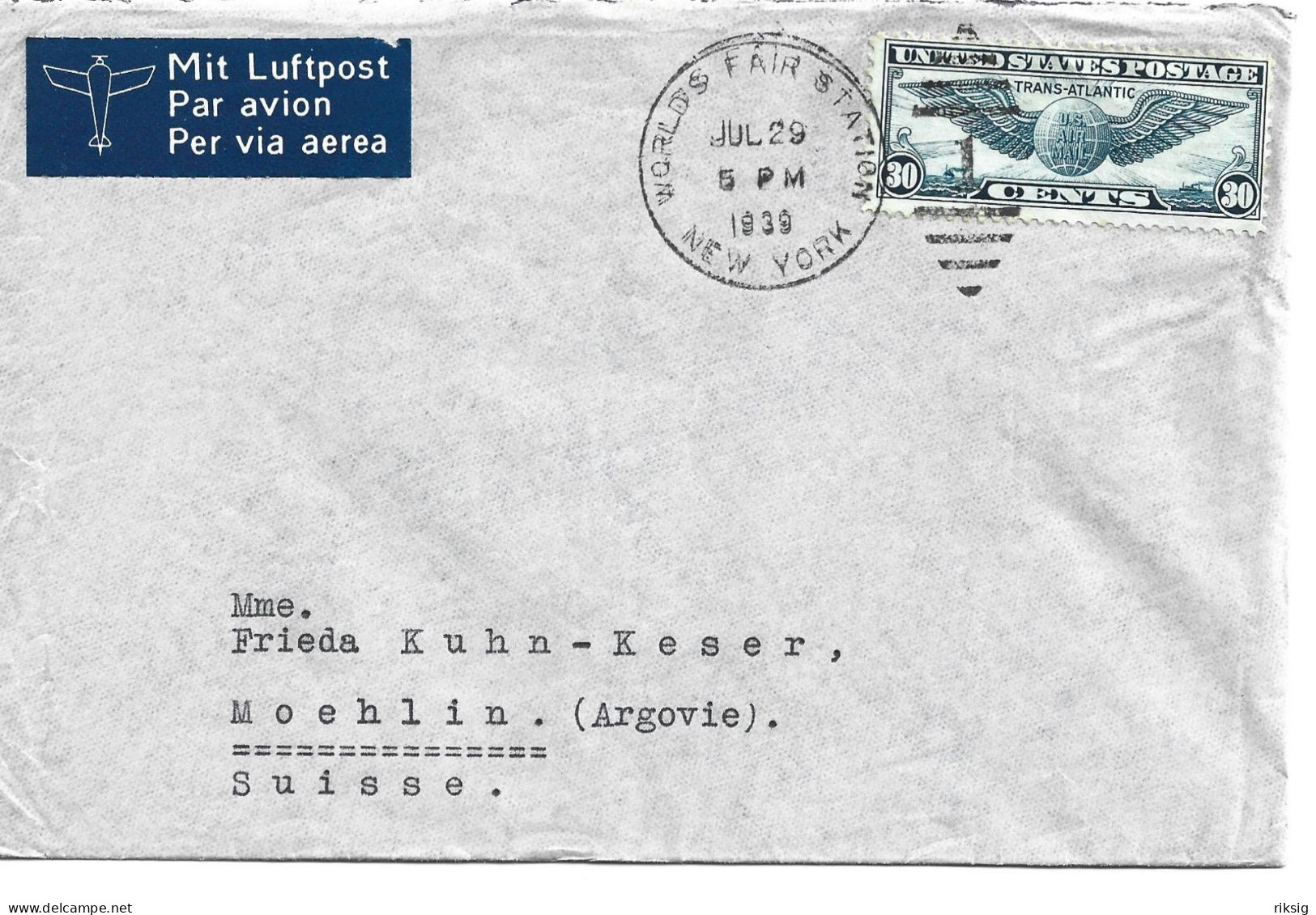 United States -  Airmail Cover Sent To Switzerland  1939.  H-2040 - 1c. 1918-1940 Covers