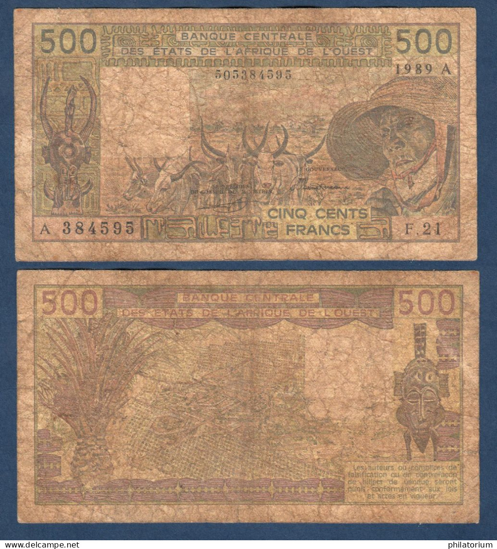 500 Francs CFA, 1989 A, Cote D' Ivoire, F.21, A 384595, Oberthur, P#_06, Banque Centrale États De L'Afrique De L'Ouest - West-Afrikaanse Staten