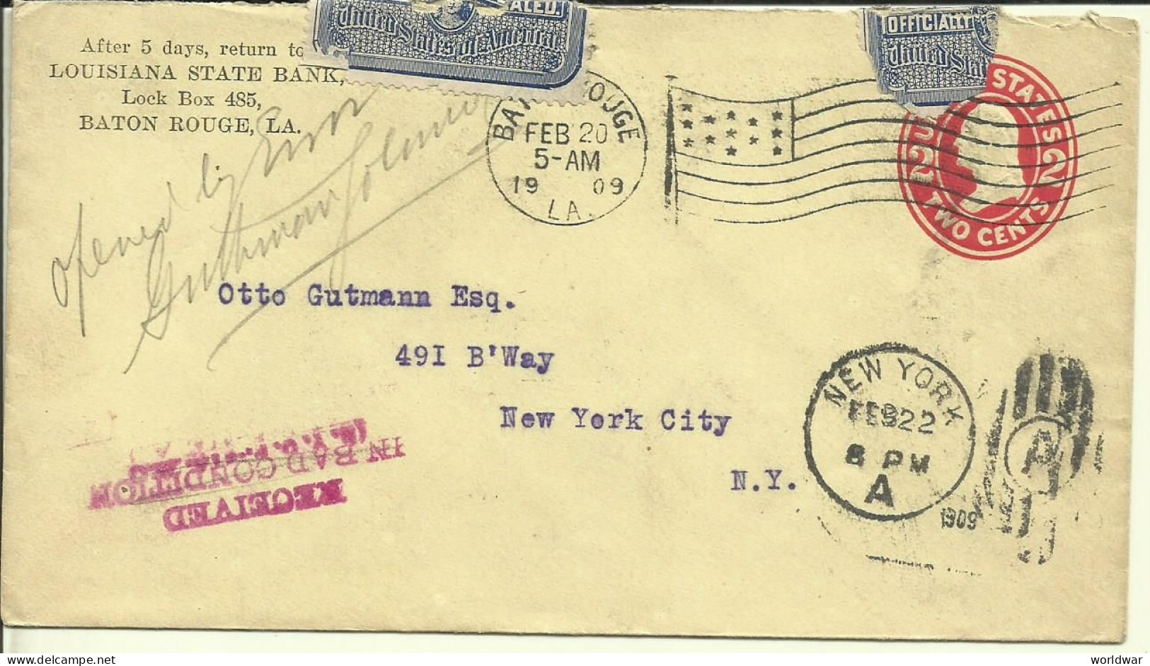 1909 Stamped Envelope From Baton Rouge To New York,  Postmark Received In Bad Condition, Resealed By Post Office - 1901-20