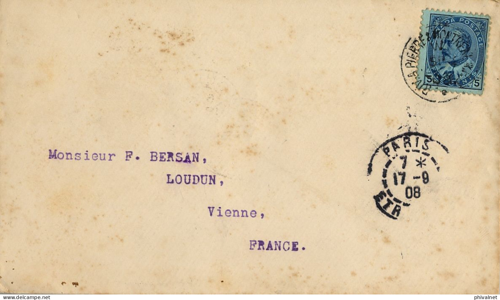 1908 CANADÁ , MONTREAL - LOUDUN , SOBRE CIRCULADO , TRÁNSITO EN PARIS , LLEGADA AL DORSO , EDOUARD VII , YV. 80 - Cartas & Documentos