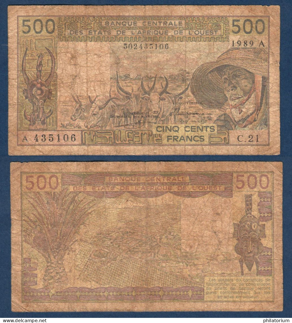 500 Francs CFA, 1989 A, Cote D' Ivoire, C.21, A 435106, Oberthur, P#_06, Banque Centrale États De L'Afrique De L'Ouest - États D'Afrique De L'Ouest